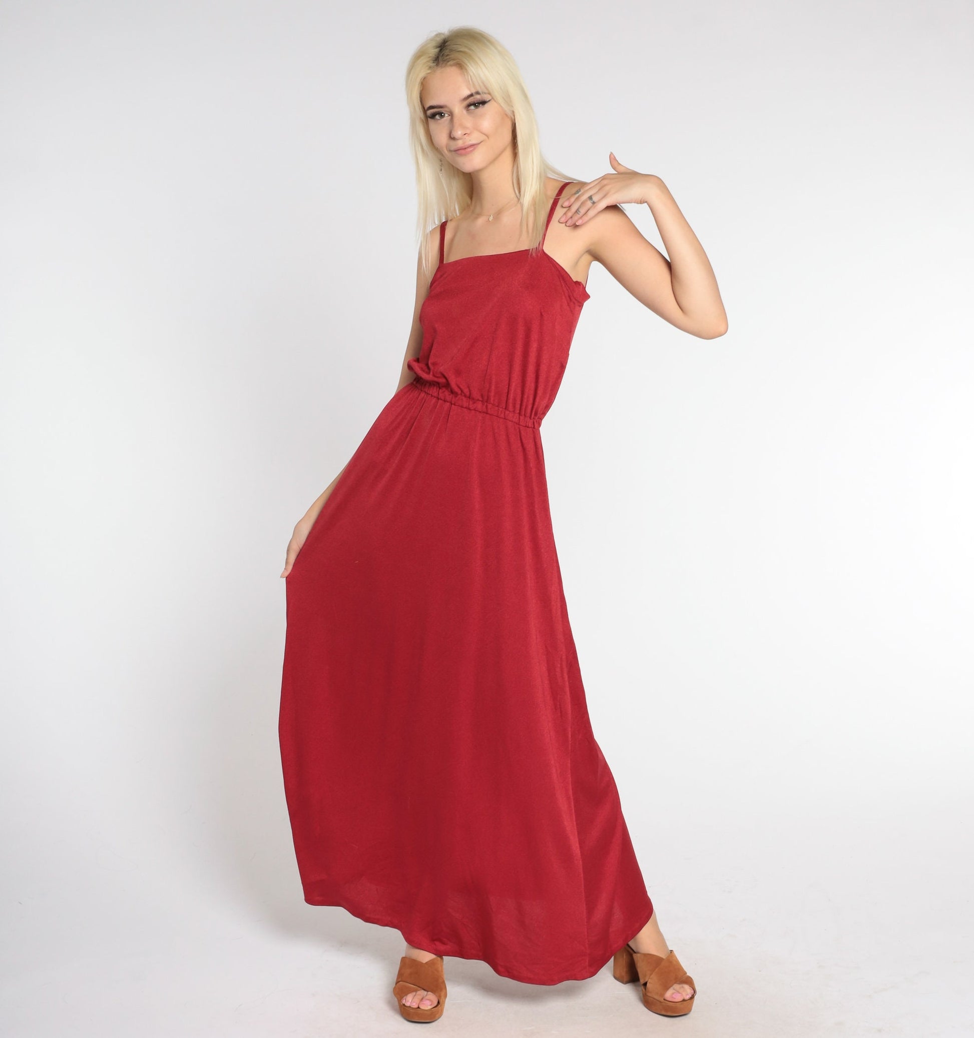 70s Red Maxi Dress Sleeveless High Waist Grecian Gown Small Medium