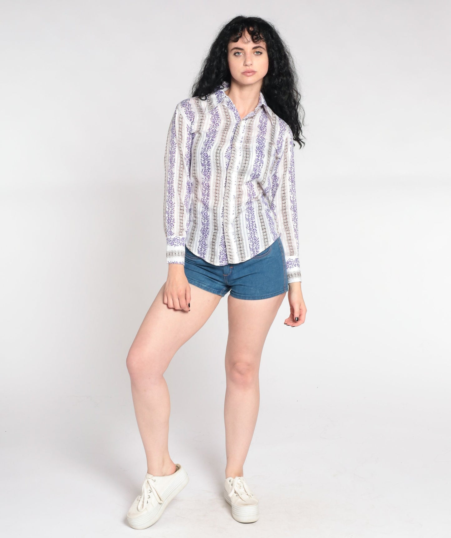 70s Striped Floral Dagger Collar Button-Up Shirt White Purple Small
