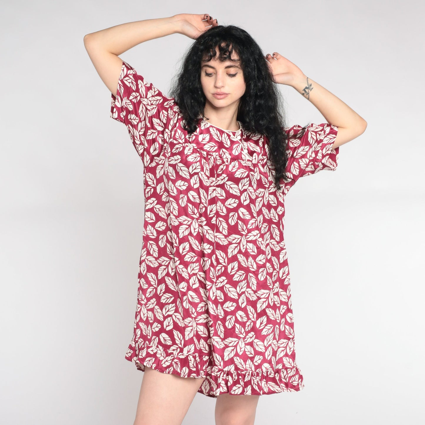 90s Leaf Print Tent Dress Dark Raspberry Red Mini Yoke Short Sleeve Small Medium