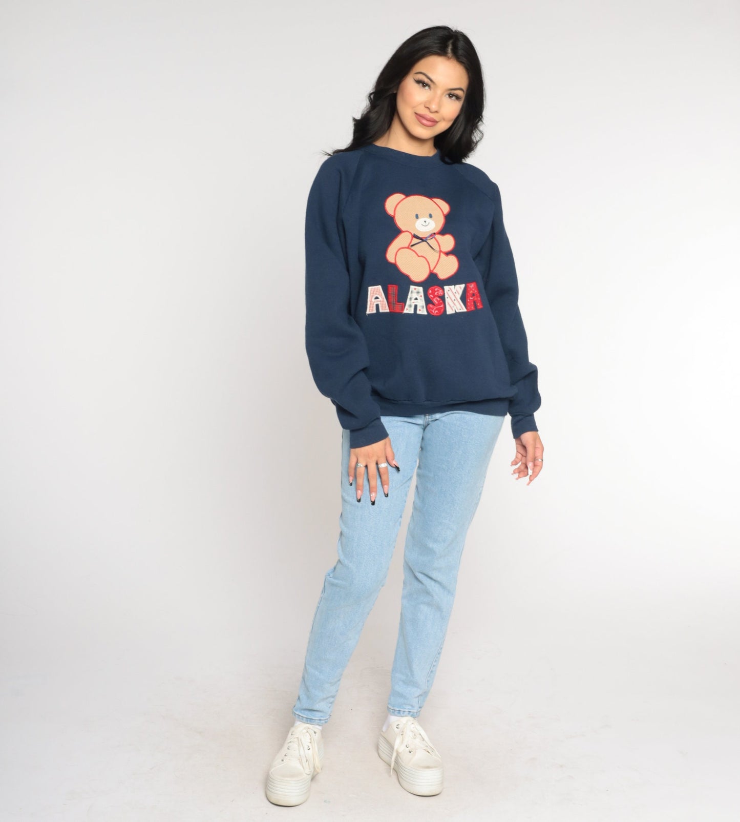 90s Alaska Patchwork Teddy Bear Sweatshirt Navy Raglan Extra Large XXL