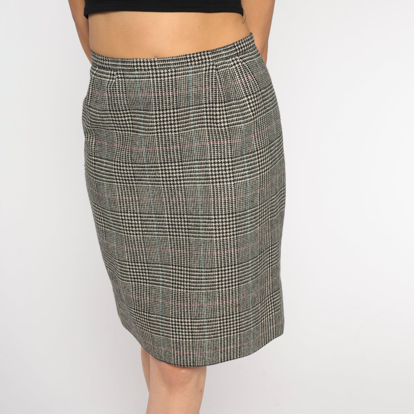 60s Houndstooth Wool Pencil Skirt High Waisted Mini Checkered Small