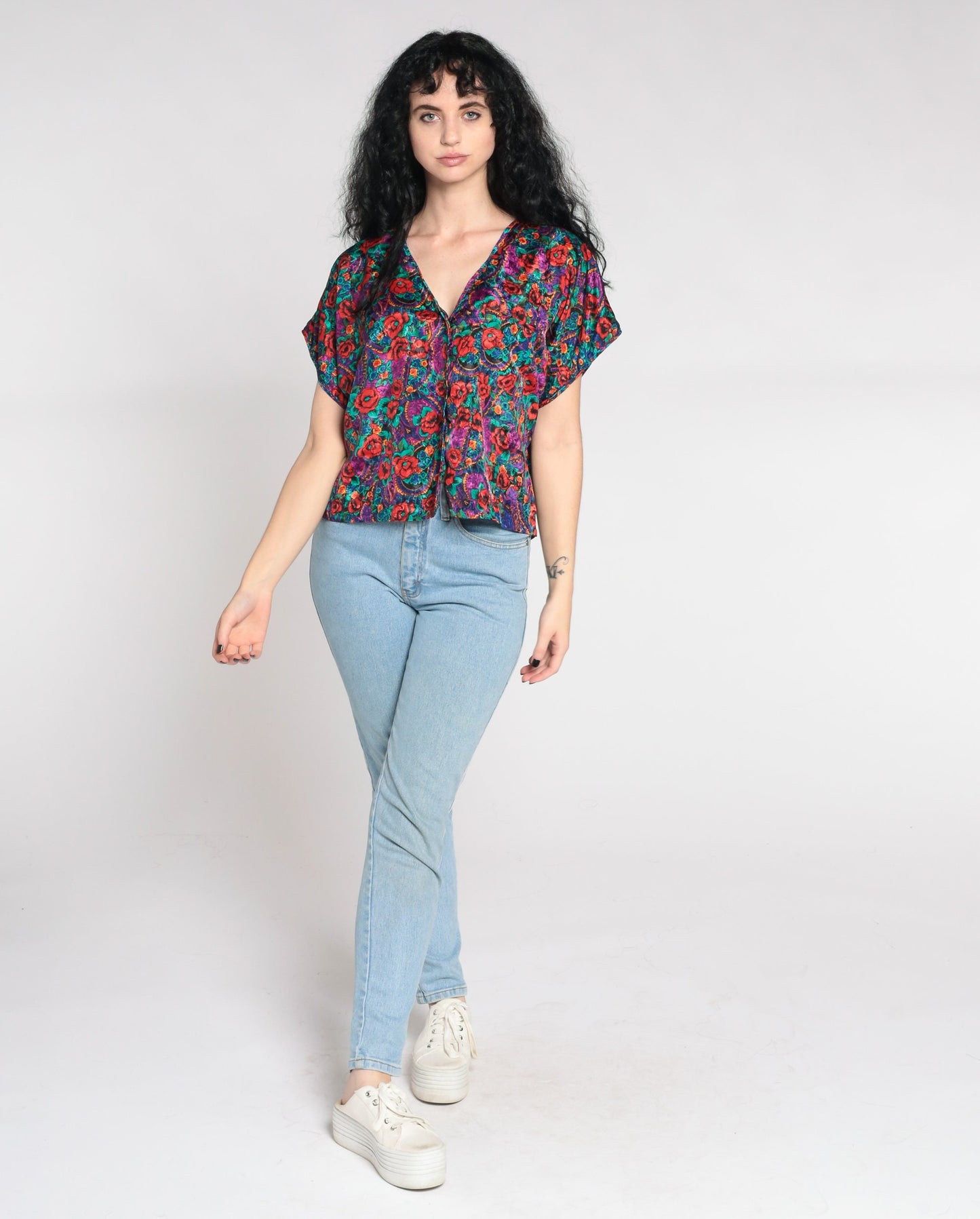 90s Embossed Paisley Floral Satin Pajama Top Button-Up Sleep Shirt Large L