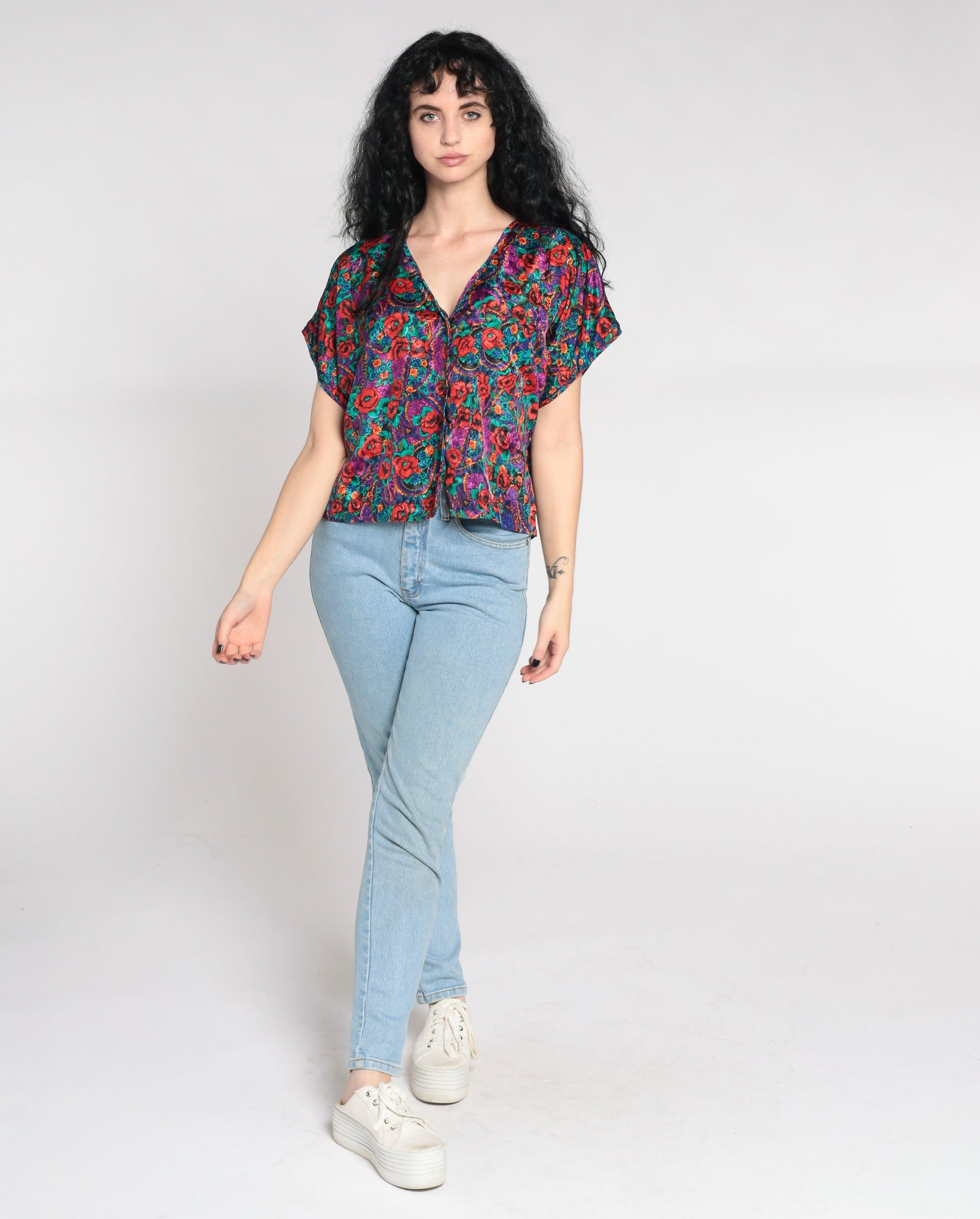 90s Embossed Paisley Floral Satin Pajama Top Button-Up Sleep Shirt Large L