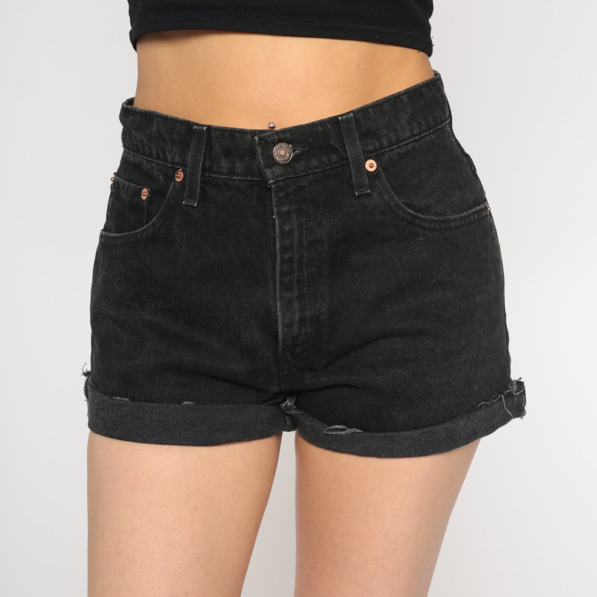 90s Levi's 550 Black Denim Shorts High Rise Raw Cuff Small