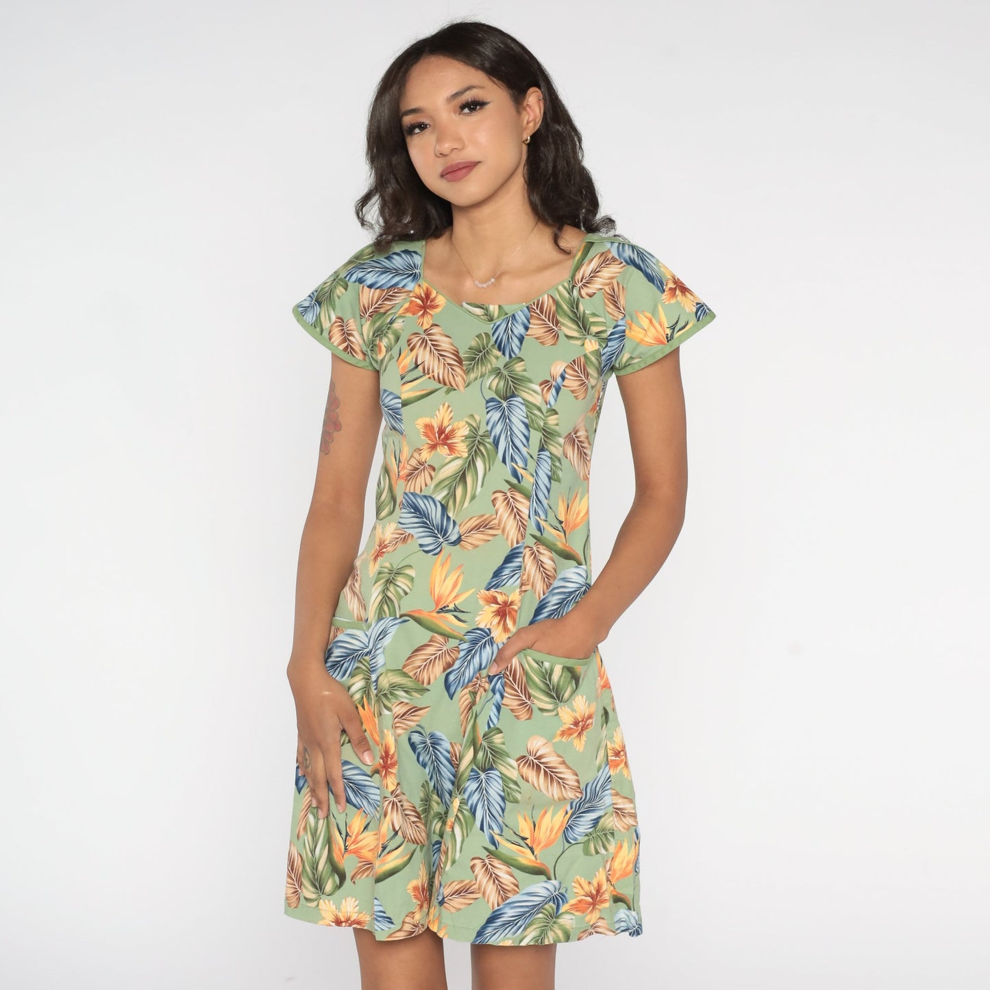 Y2K Tropical Floral Green Mini Dress Cap Sleeve Shift Cotton Extra Small