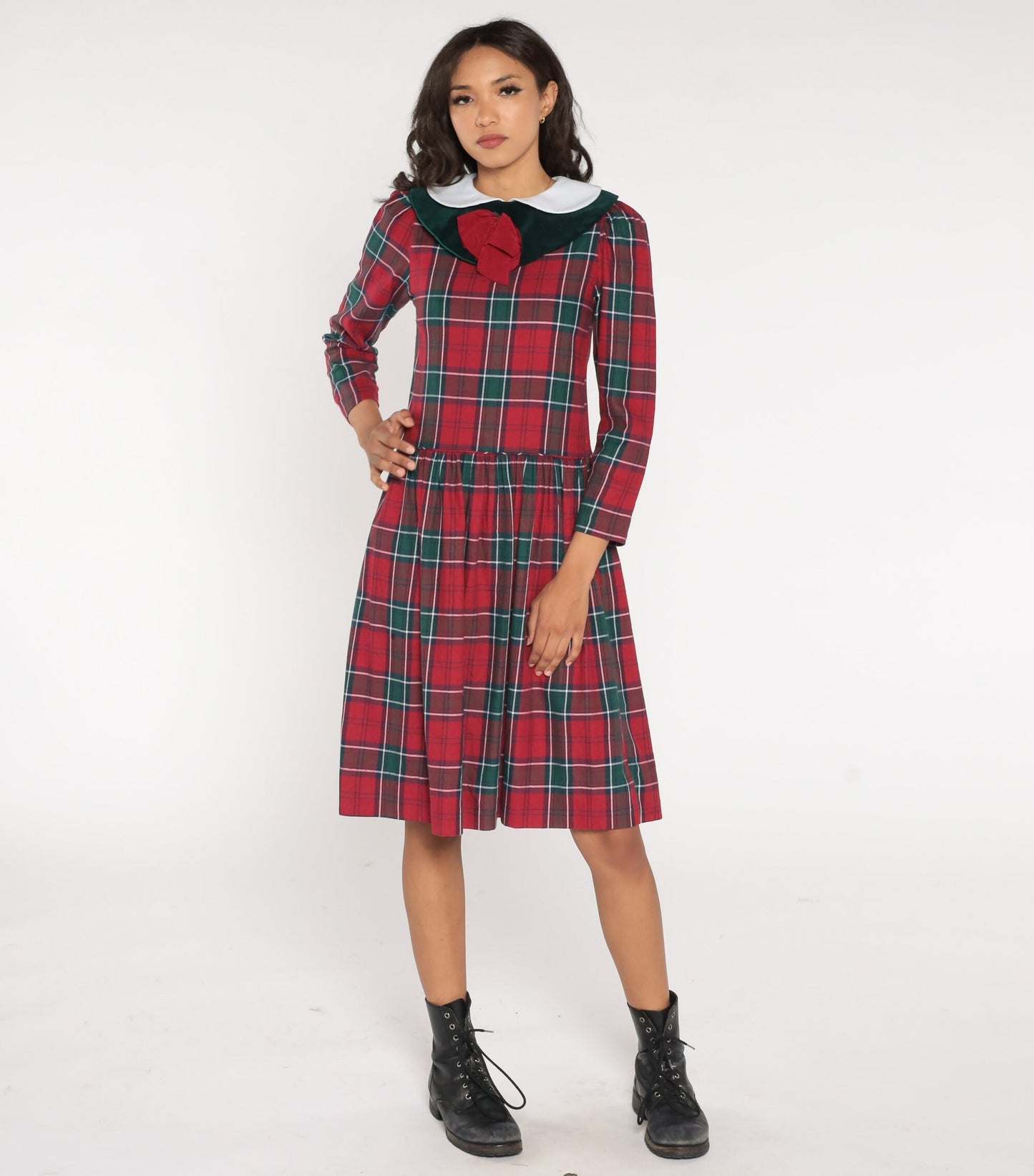 80s Red Plaid Midi Dress Peter Pan Collar Puff Sleeve Drop Waist Extra Small