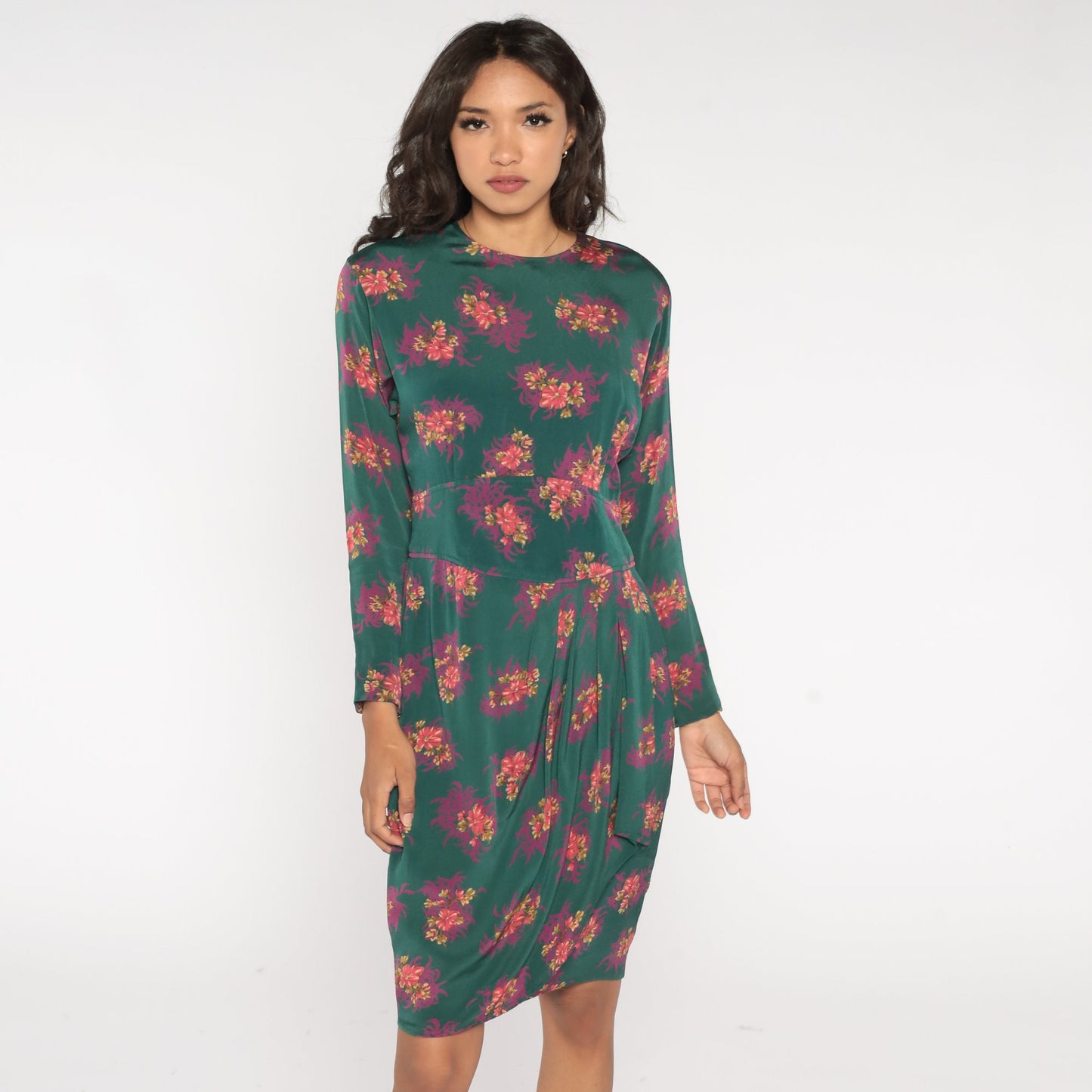 90s Liz Claiborne Green Floral Tulip Hem Sheath Dress Knee Length Medium