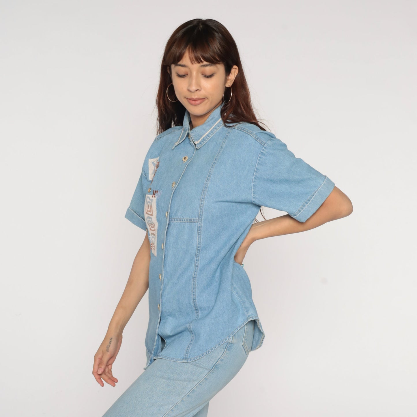 90s Blue Denim Shirt Studded Geometric Swirl Print Button-Up Medium