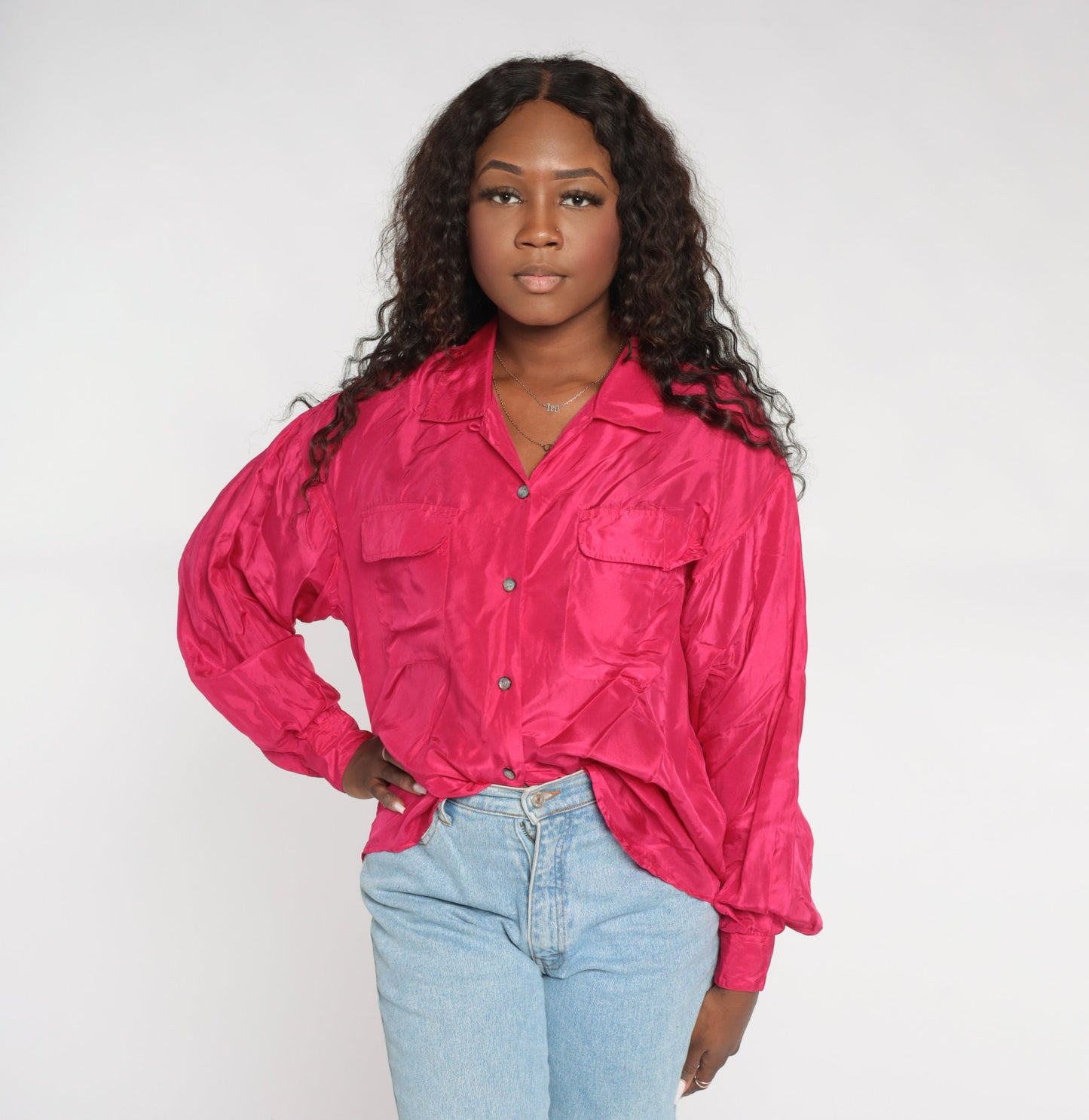 00s Hot Pink Silk Button-Up Blouse Long Sleeve Collared Shirt Large L