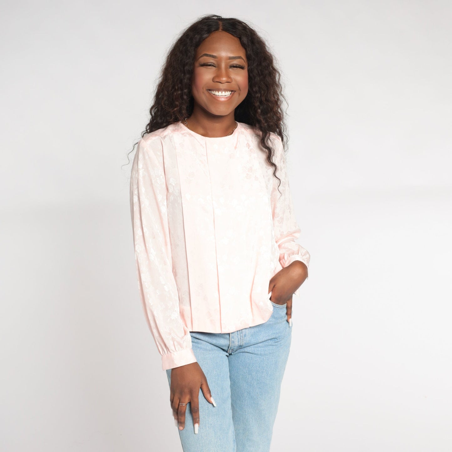 90s Baby Pink Embossed Floral Blouse Pleated Long Sleeve Large