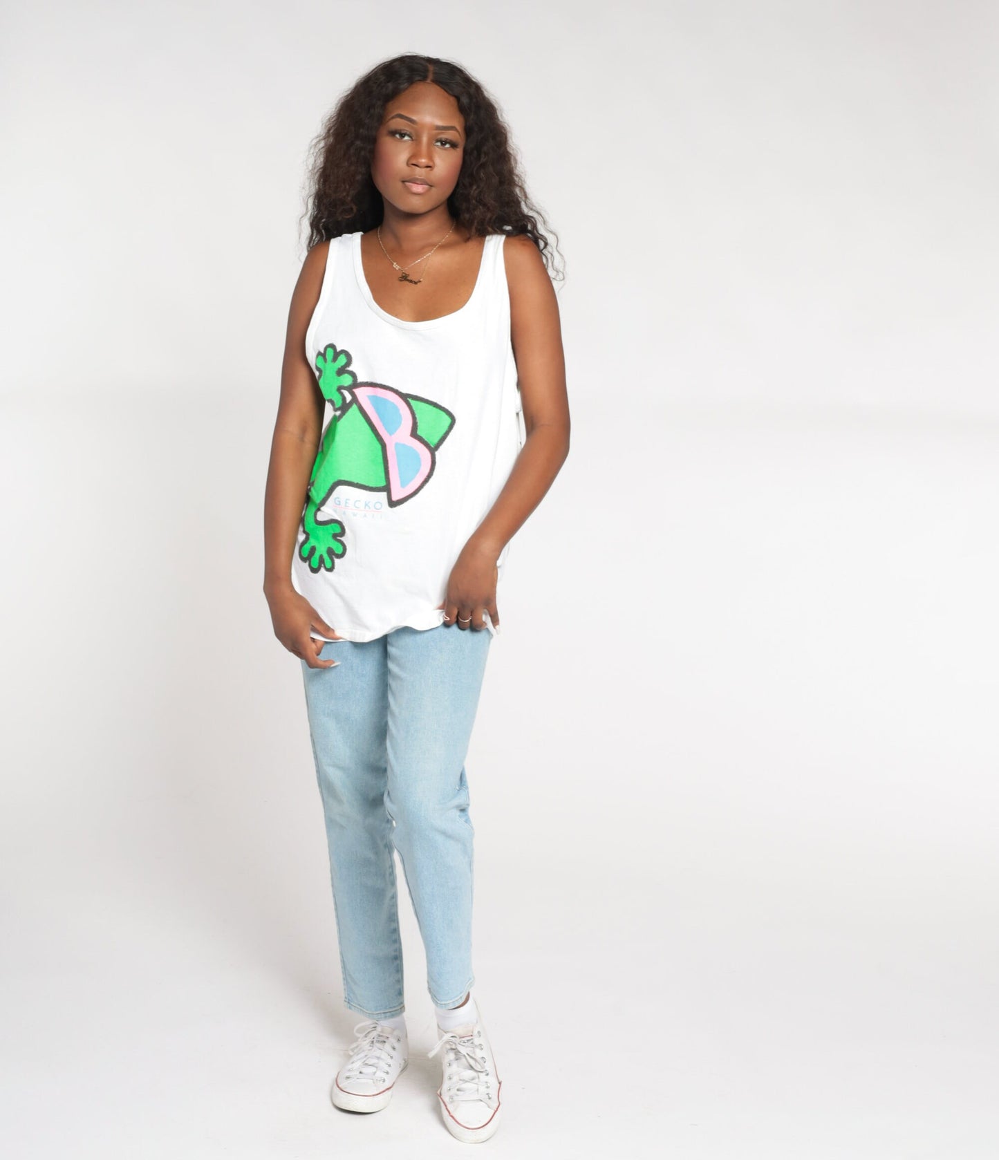 90s Gecko Hawaii Tank Top White Graphic Lizard Sleeveless Tee Large