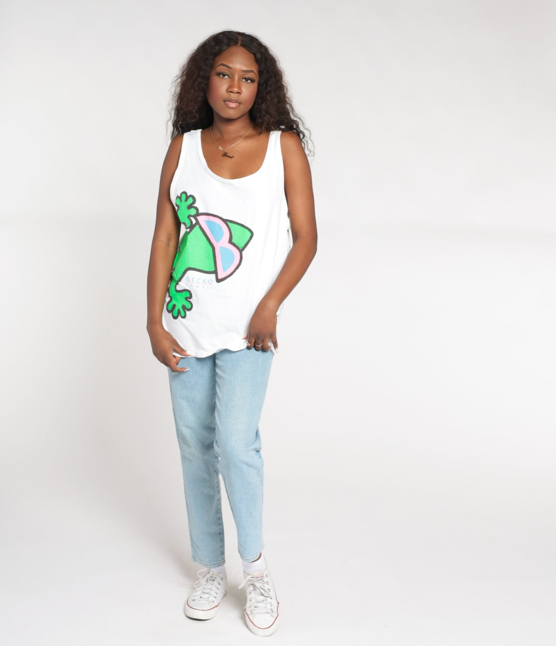 90s Gecko Hawaii Tank Top White Graphic Lizard Sleeveless Tee Large