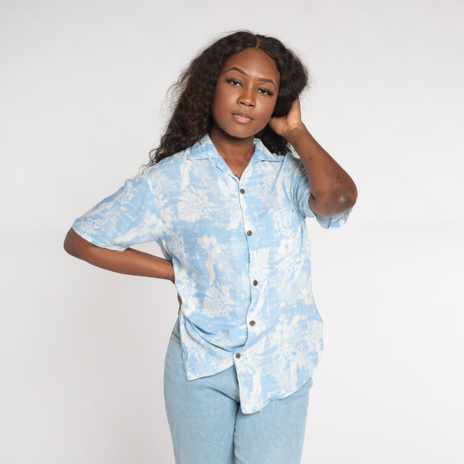 Y2K Blue Hawaiian Shirt Tropical Floral Leaf Print Button Up Small S