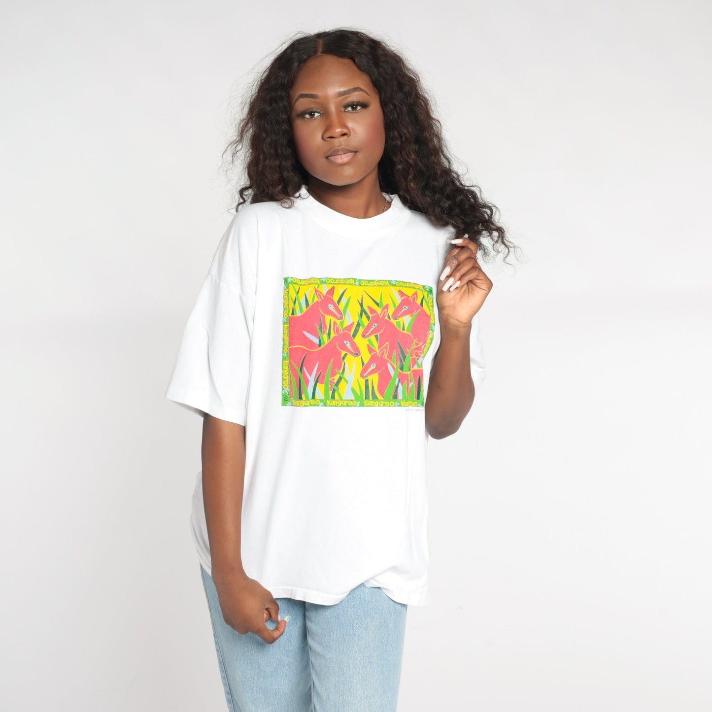 90s Kangaroo Graphic T-Shirt Australia Wildlife White Cotton Single Stitch Medium