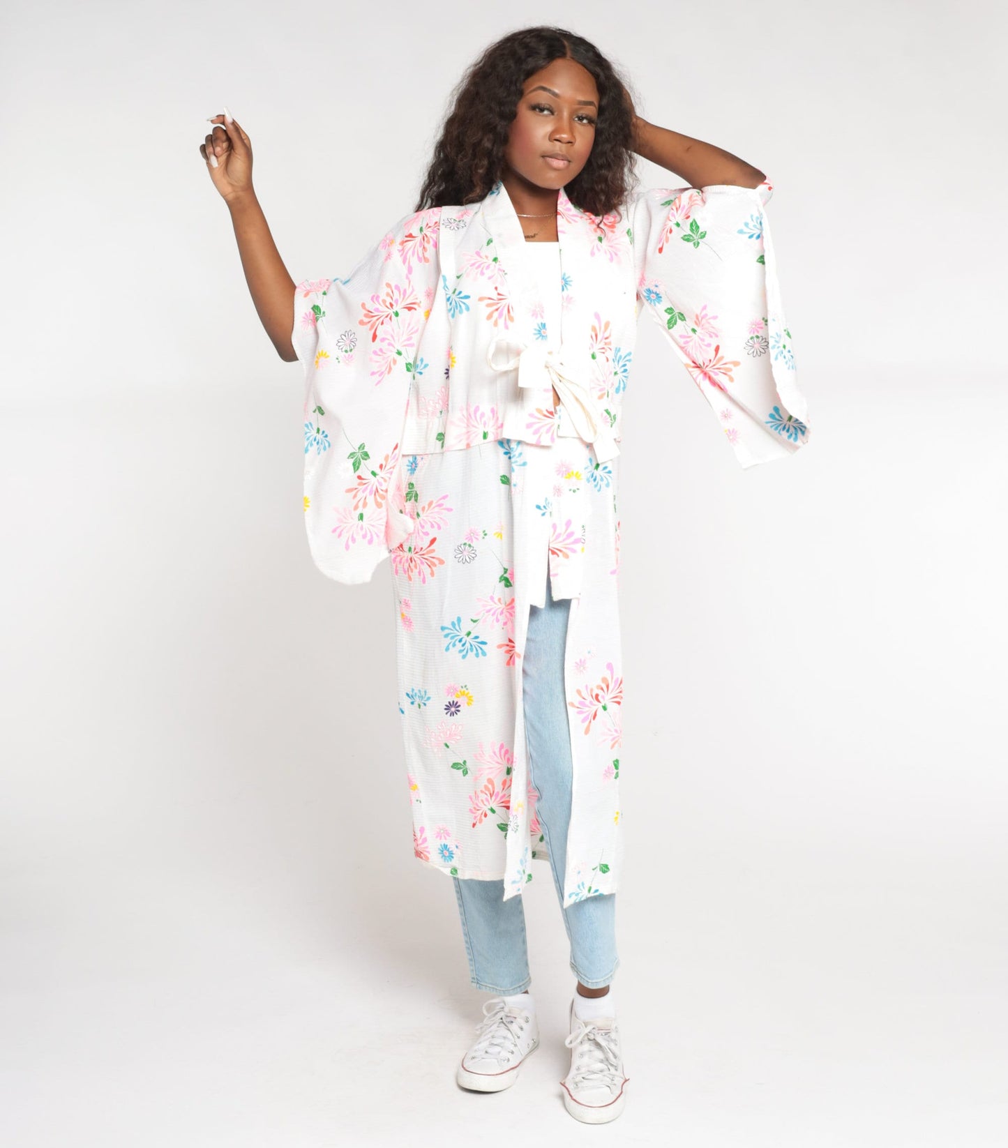 90s White Floral Kimono Robe Midi Length Tie Front Small Medium Large