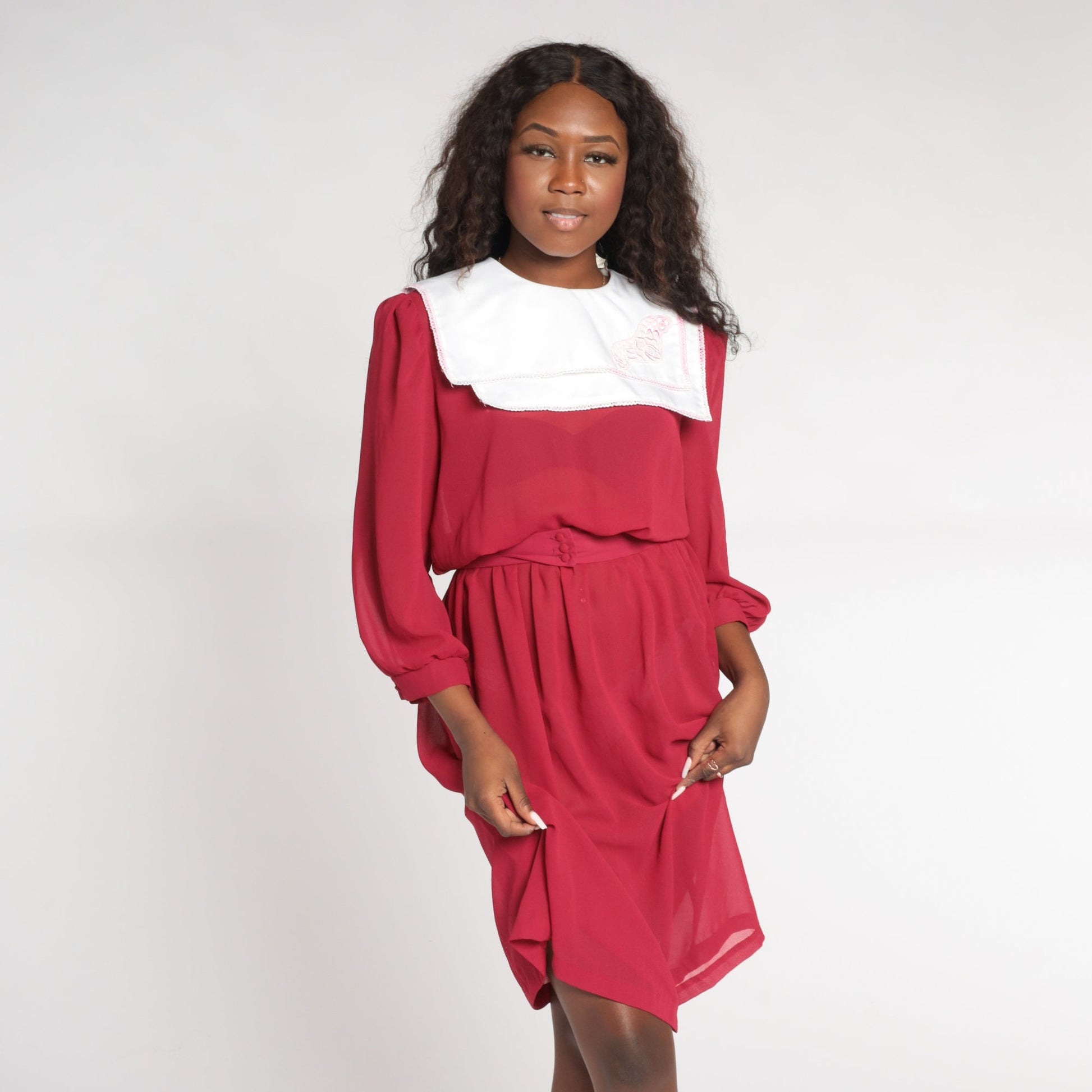 80s Red Sheer Midi Dress White Floral Embroidered Bib Puff Sleeve Small Medium