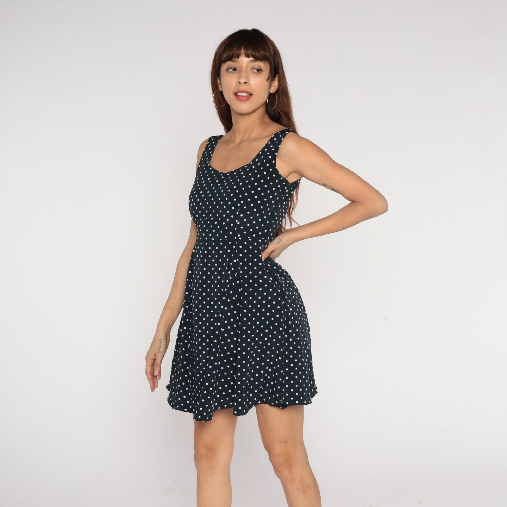 Y2K Black White Polka Dot Mini Dress Sleeveless Cutout Small S