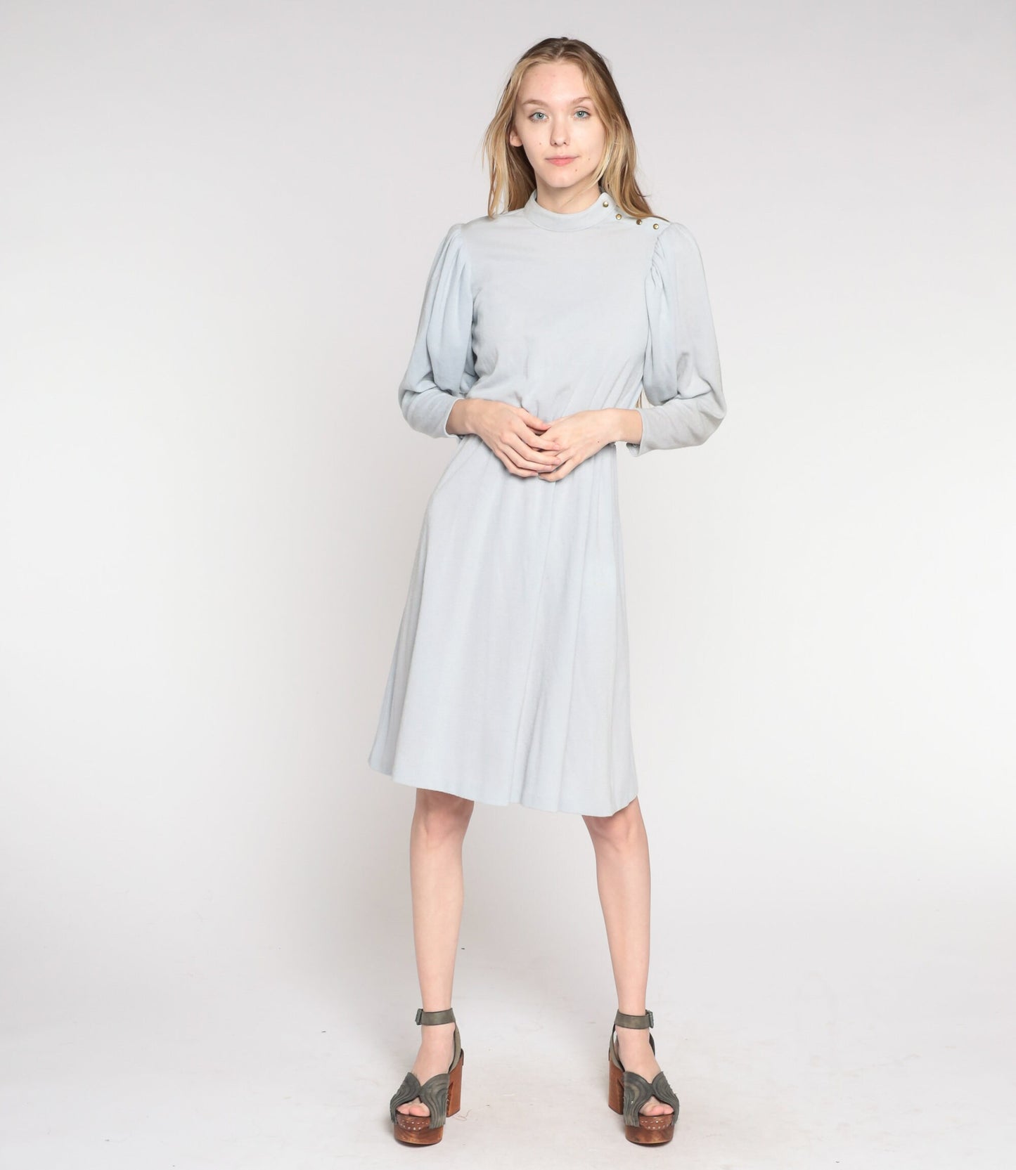 80s Byer Too Puff Sleeve Midi Dress Blue-Grey High Waist Small