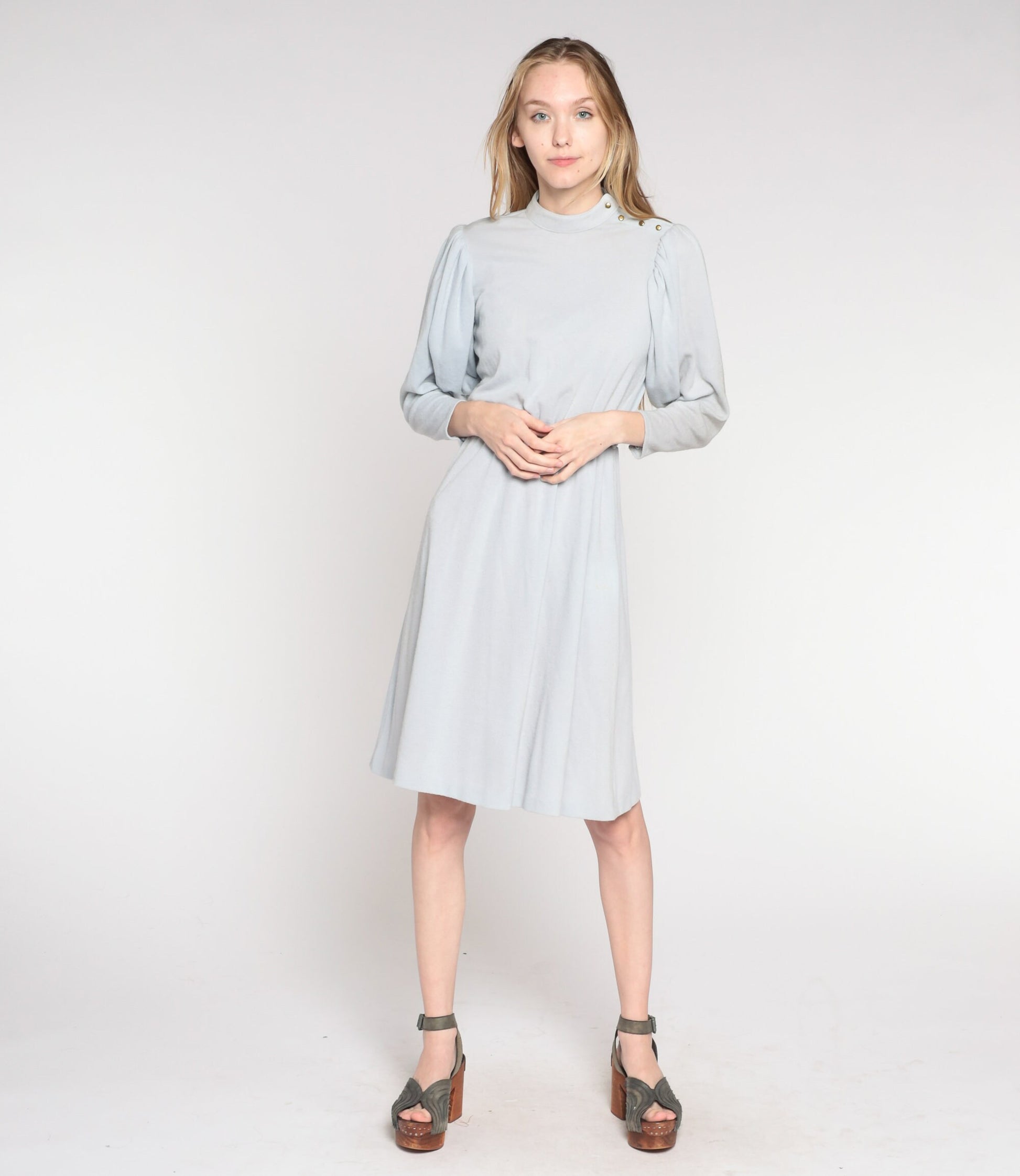 80s Byer Too Puff Sleeve Midi Dress Blue-Grey High Waist Small