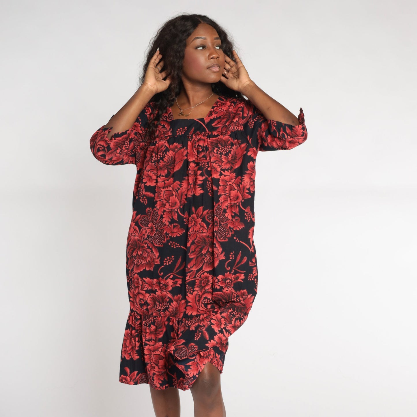90s Black Red Floral Tent Dress Knee Length Cotton 3/4 Sleeve Medium M