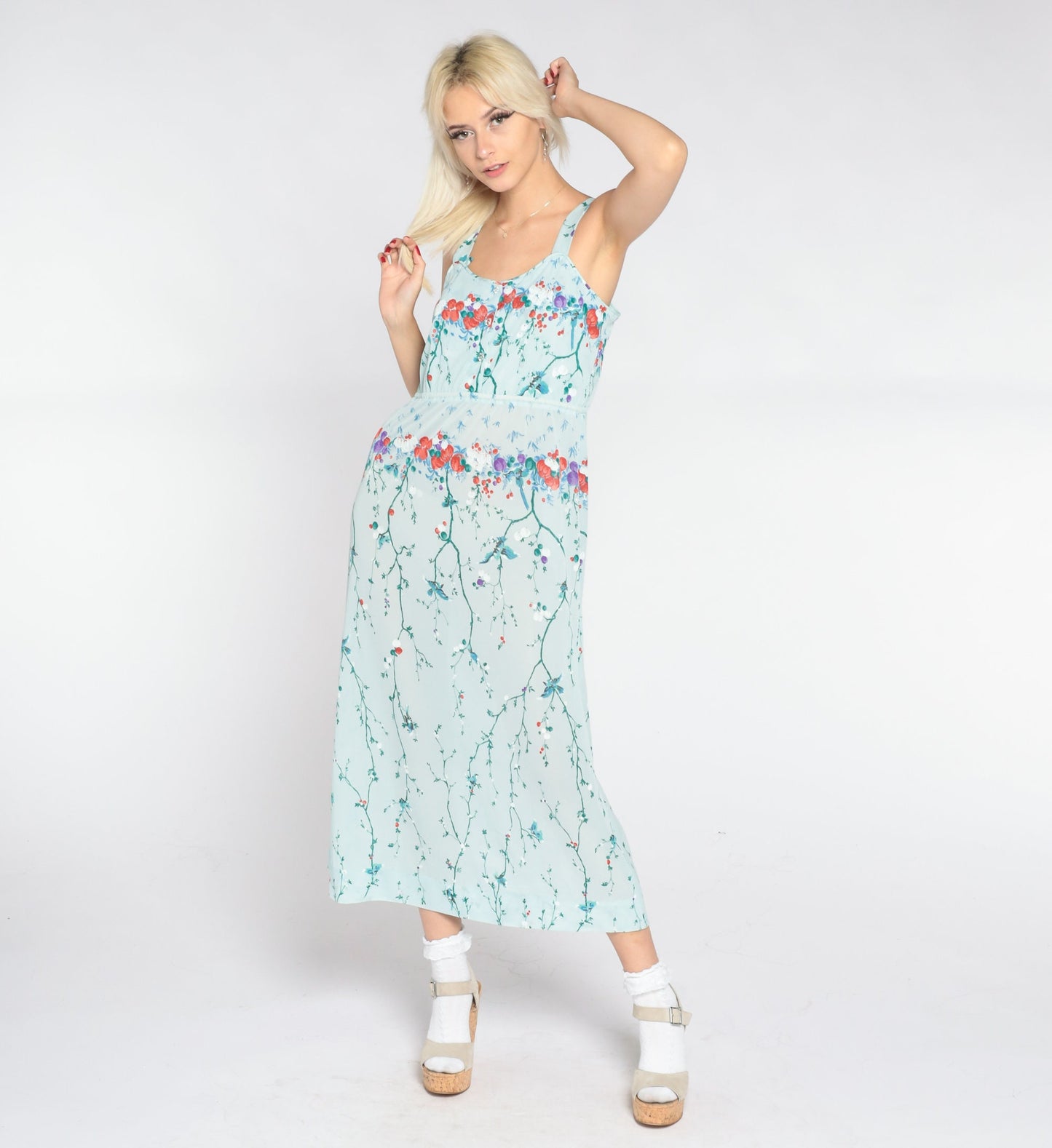 70s Baby Blue Floral Midi Dress Asian Inspired Bird Branch Print Sleeveless Small