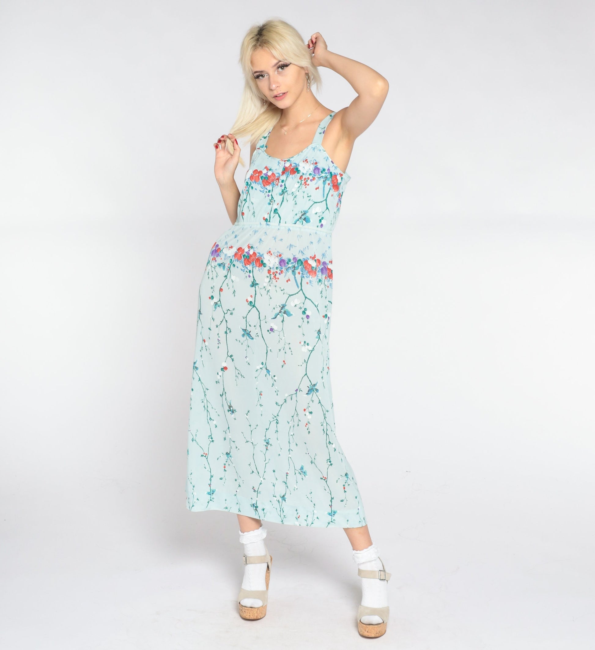 70s Baby Blue Floral Midi Dress Asian Inspired Bird Branch Print Sleeveless Small