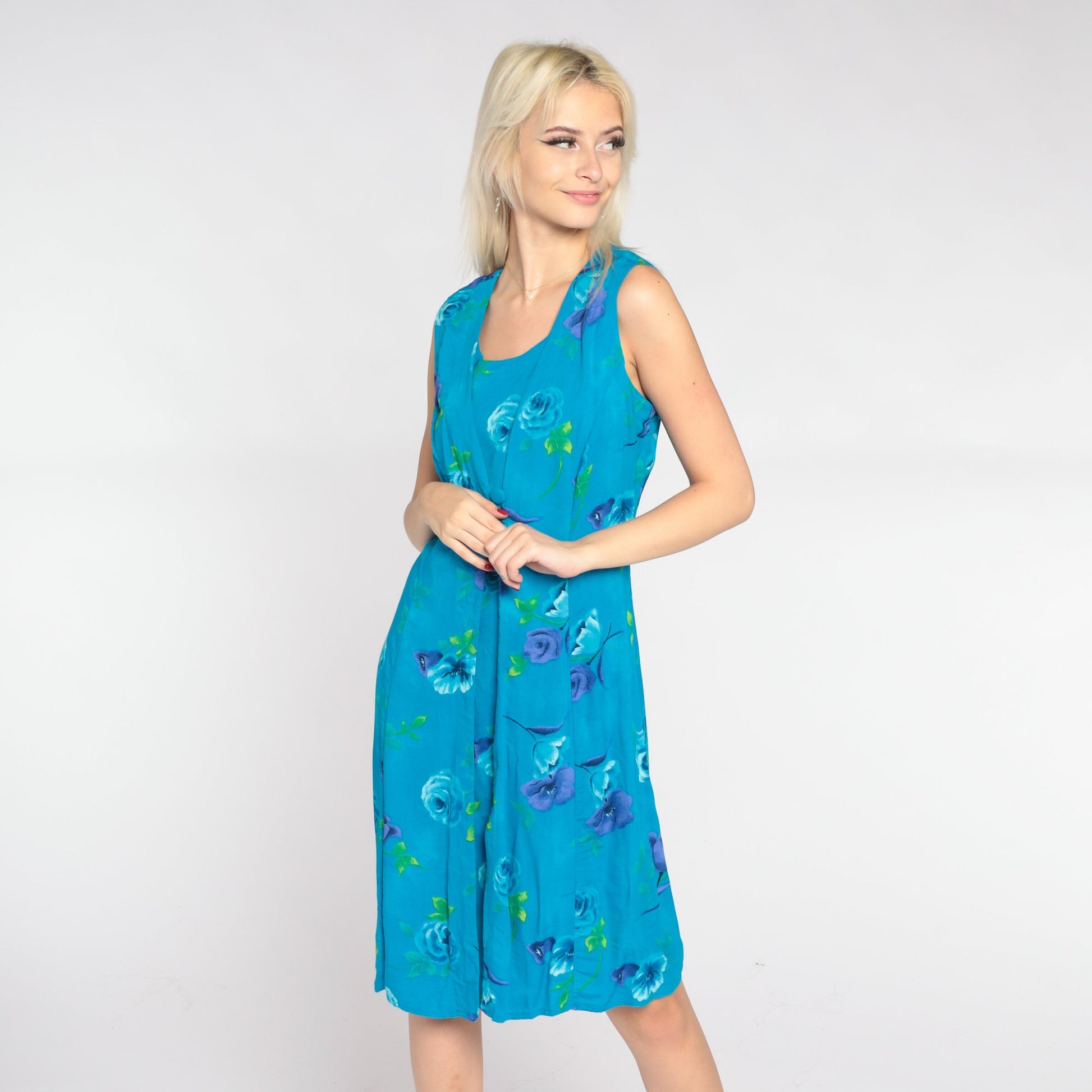 90s Blue Floral Mini Dress Sleeveless A-Line Scoop Neck Large Petite
