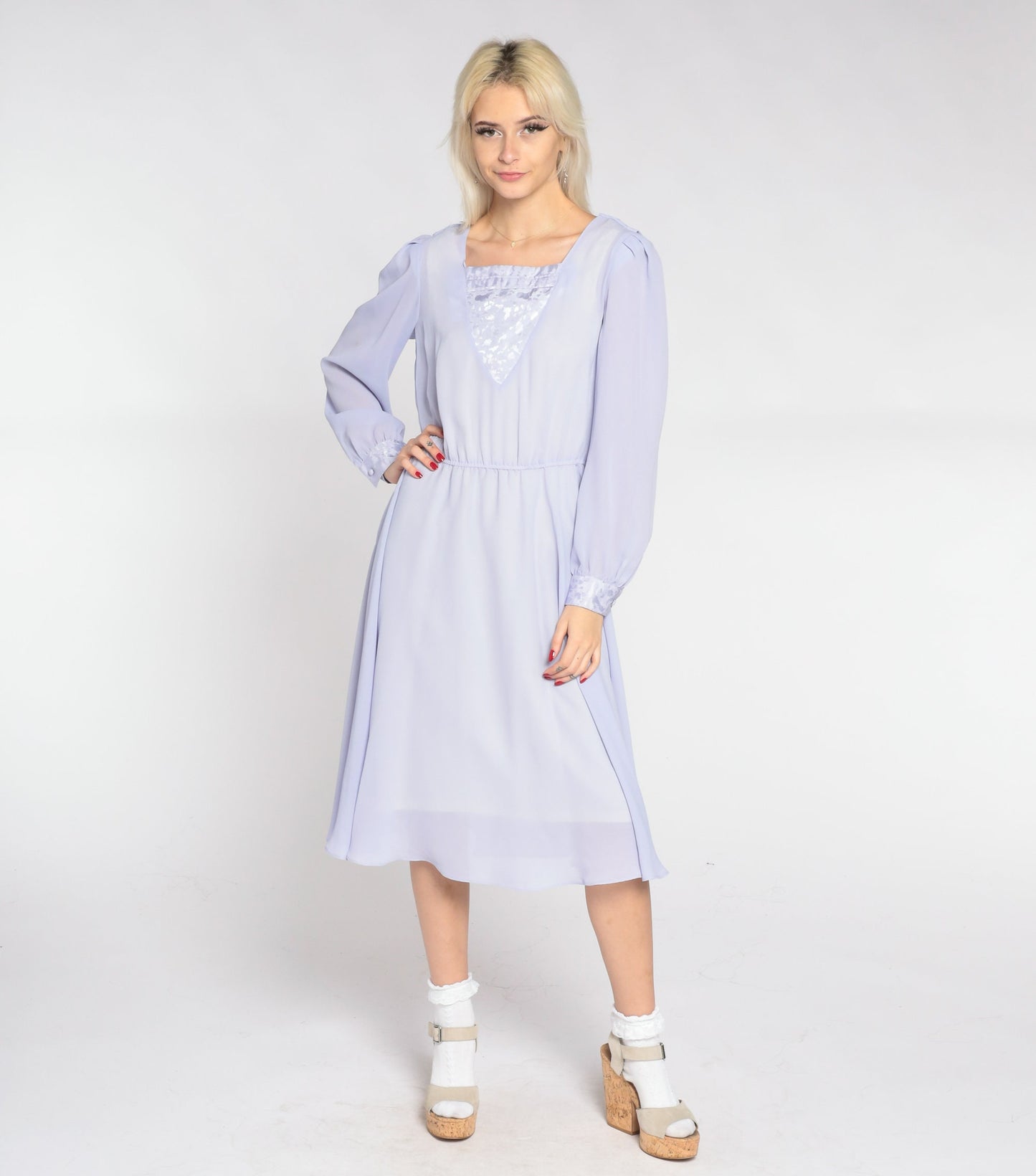 80s Hal Ferman Lavender Midi Dress High Waist Long Sleeve Draped Small
