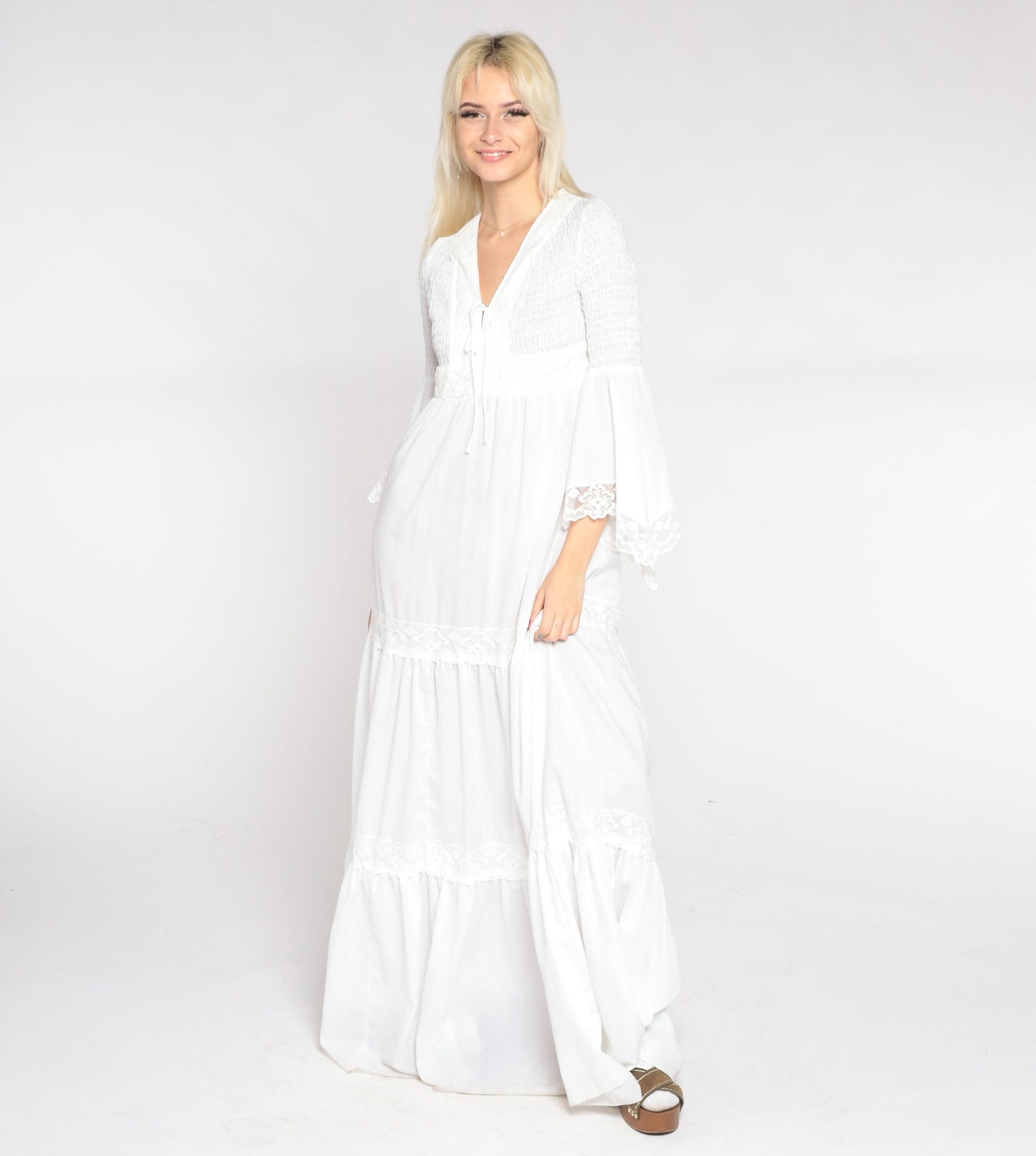 70s White Maxi Dress Angel Bell Sleeve V Neck Empire Waist Smocked Small