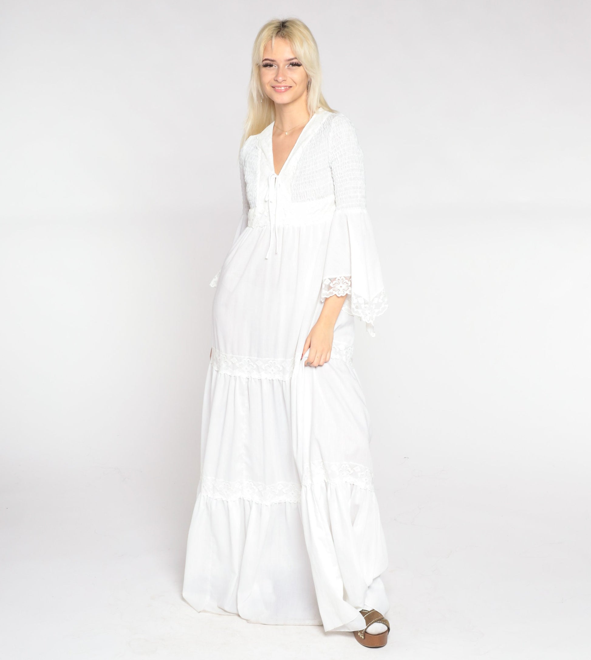 70s White Maxi Dress Angel Bell Sleeve V Neck Empire Waist Smocked Small