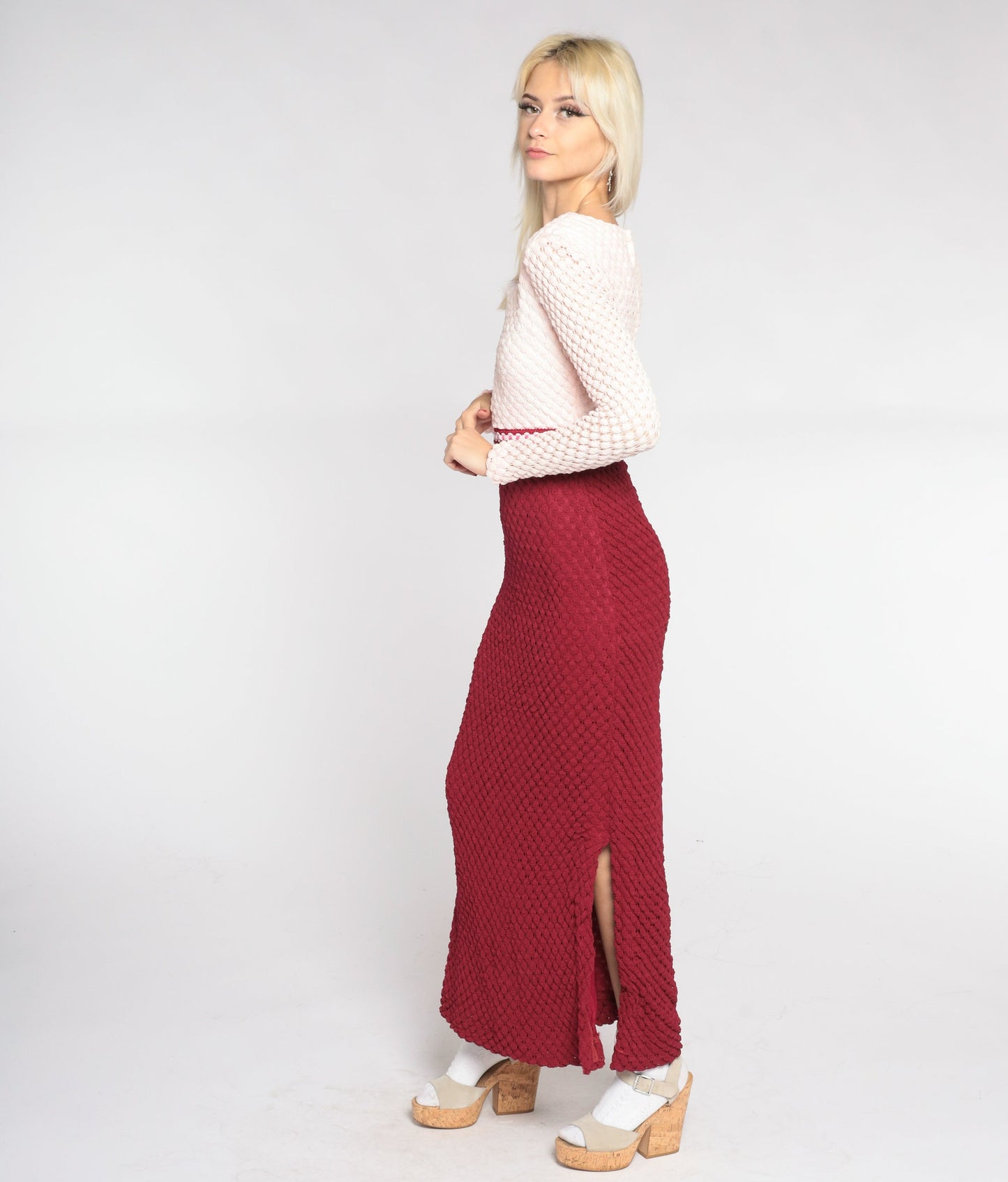 70s Crochet Maxi Dress Burgundy White High Waist Long Sleeve Small