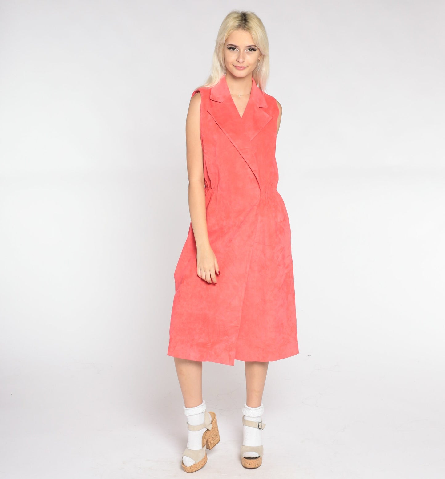 80s Salmon Pink Faux Suede Midi Dress Collared V-Neck Wrap High Waist Medium Large