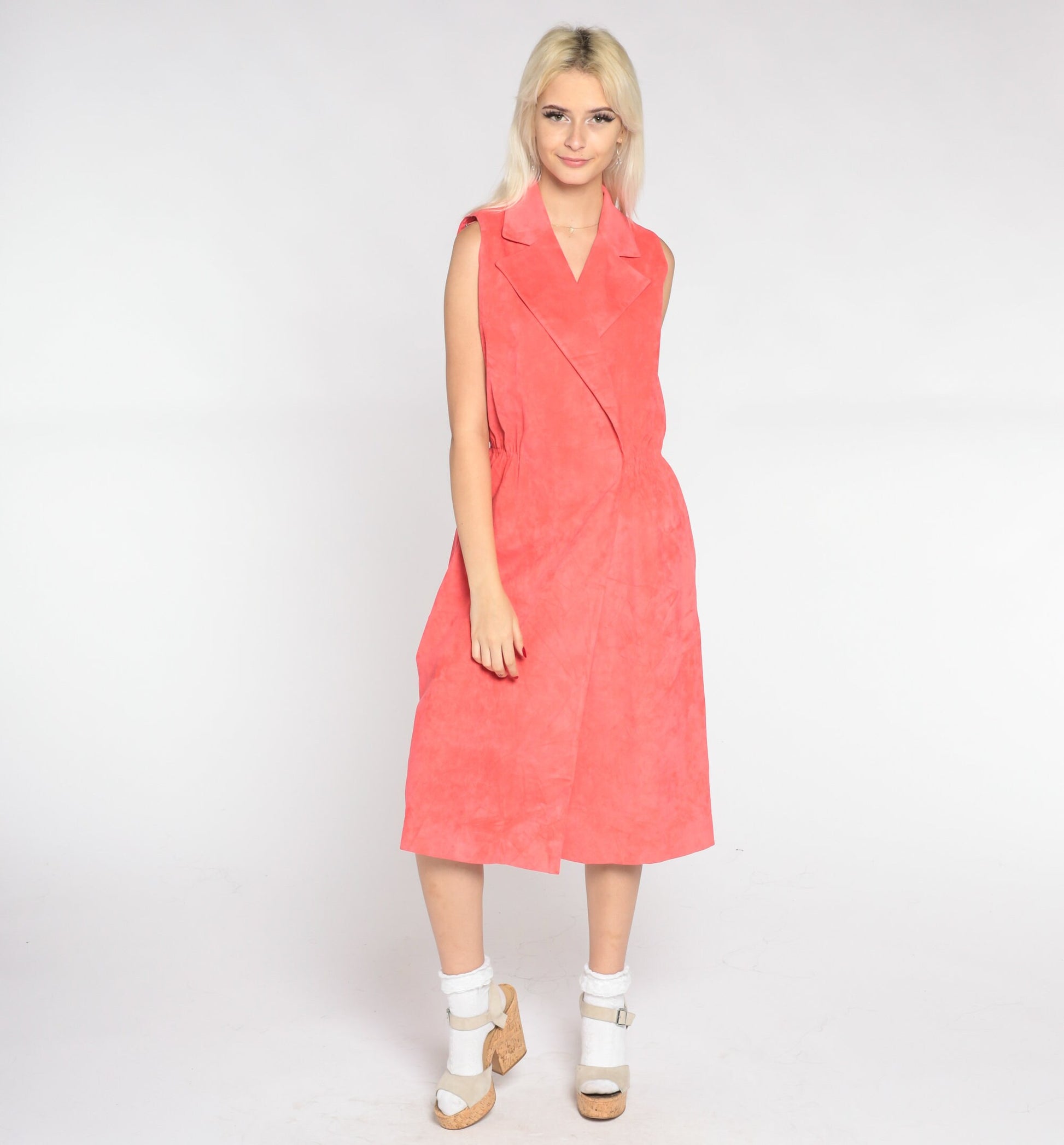 80s Salmon Pink Faux Suede Midi Dress Collared V-Neck Wrap High Waist Medium Large