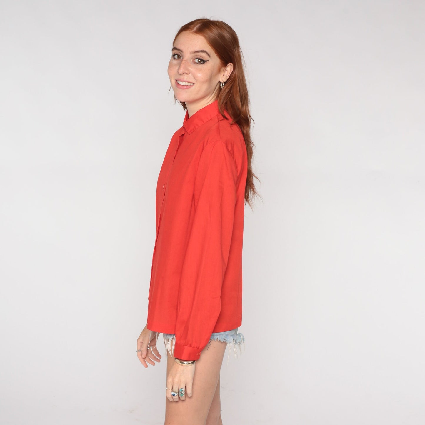 80s Red Button-Up Blouse Collared Long Sleeve Shirt Medium