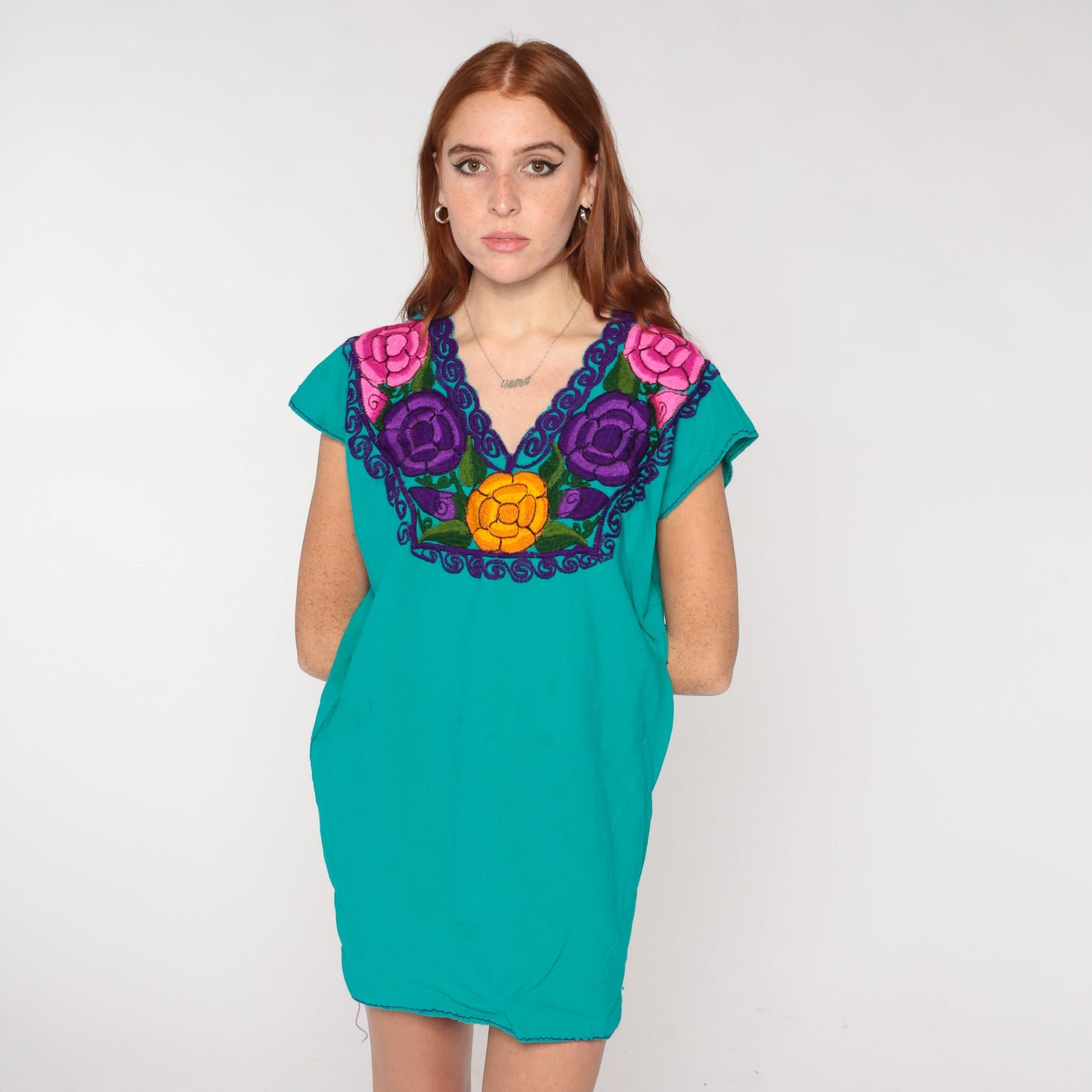 Mexican Embroidered Floral Blouse Teal Green Tunic V-Neck Cap Sleeve Small Medium