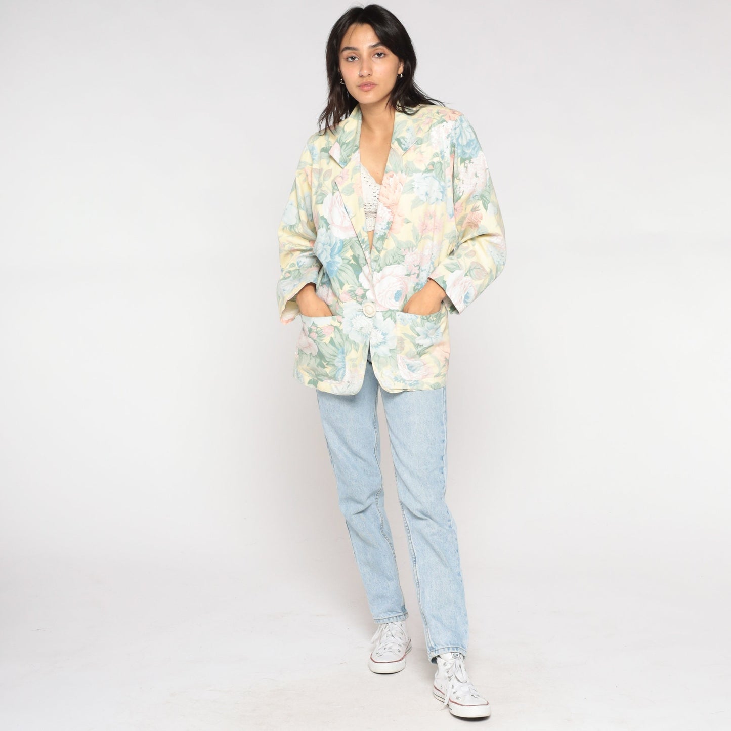 90s Floral Blazer Yellow Pastel Flower Print Single Button Jacket Large