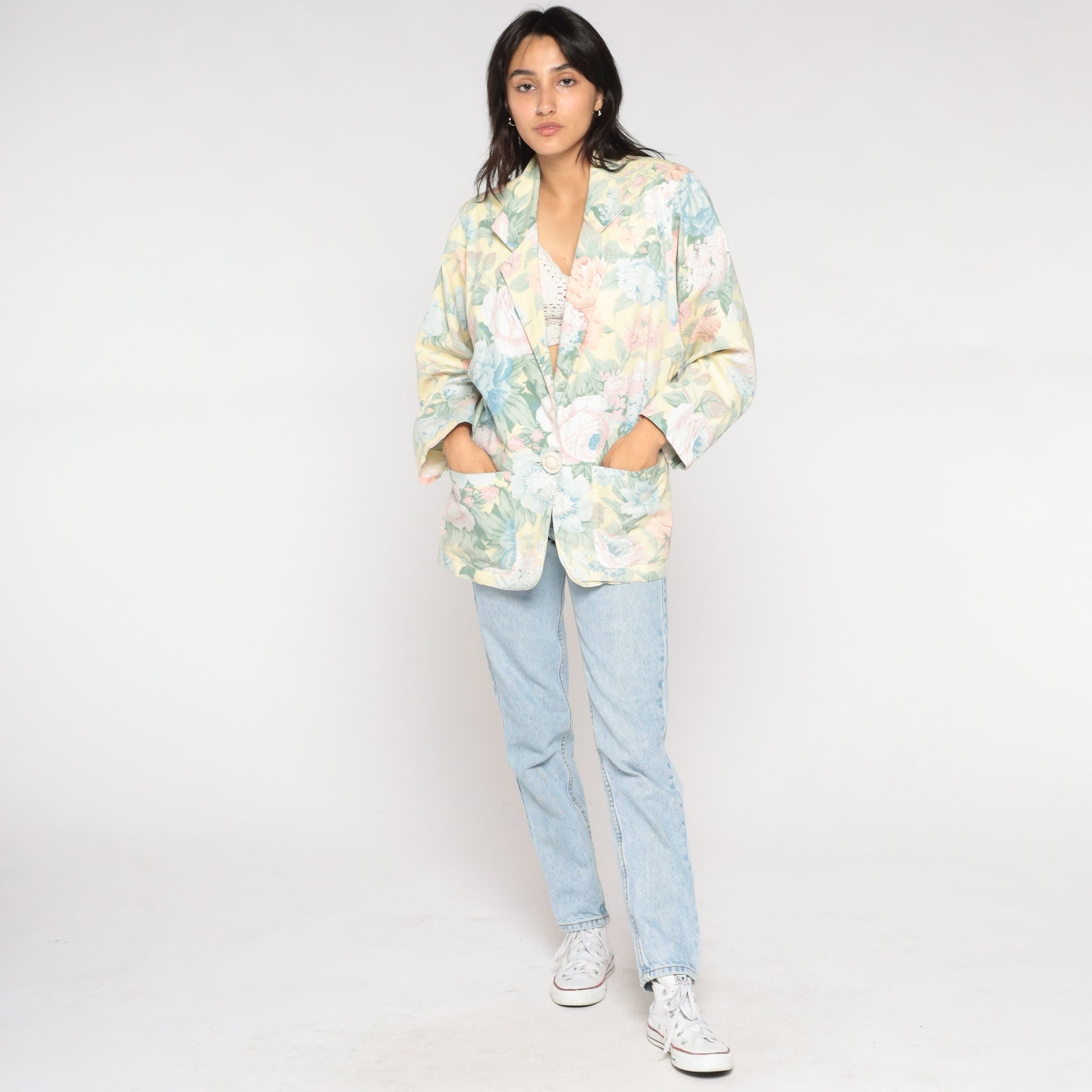 90s Floral Blazer Yellow Pastel Flower Print Single Button Jacket Large