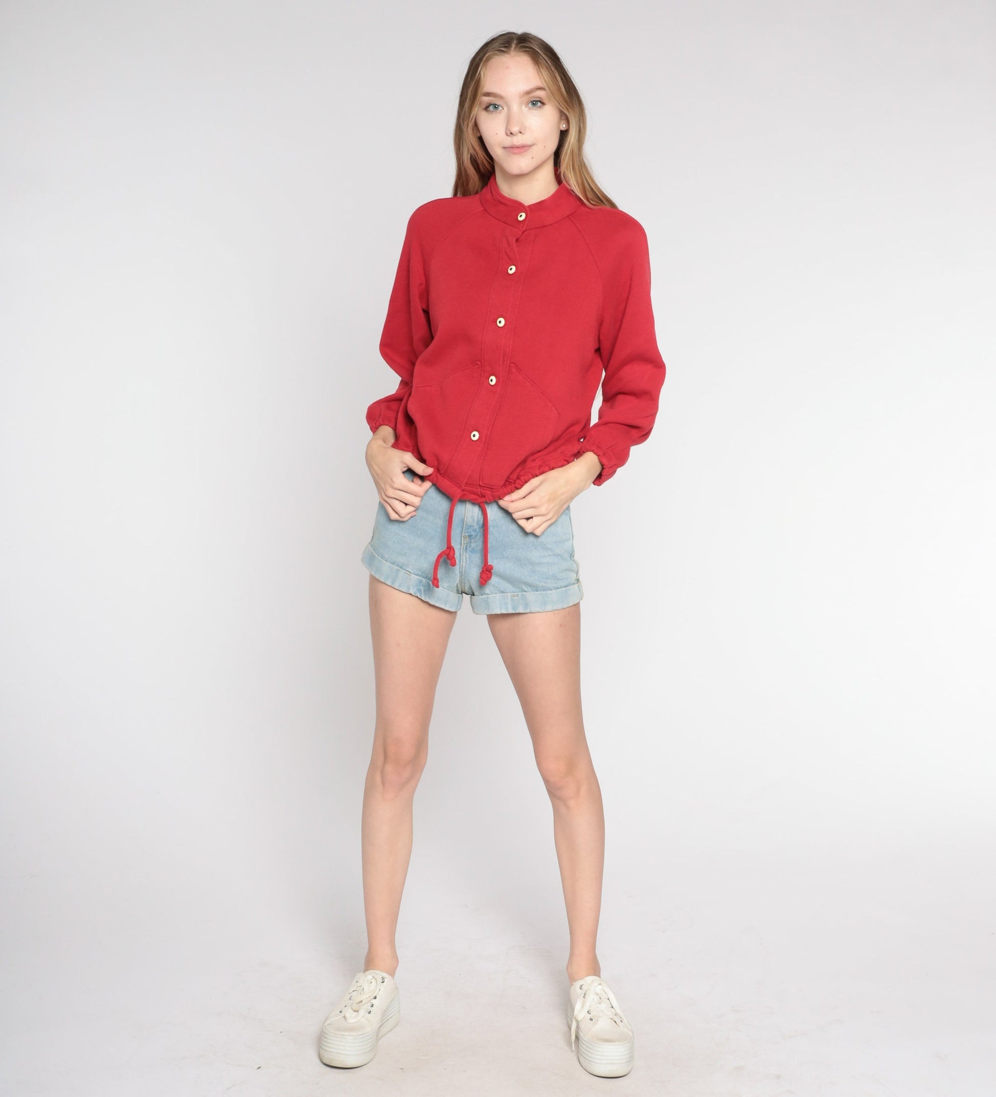 90s Red Cardigan Sweatshirt High Neck Raglan Button Up Small S