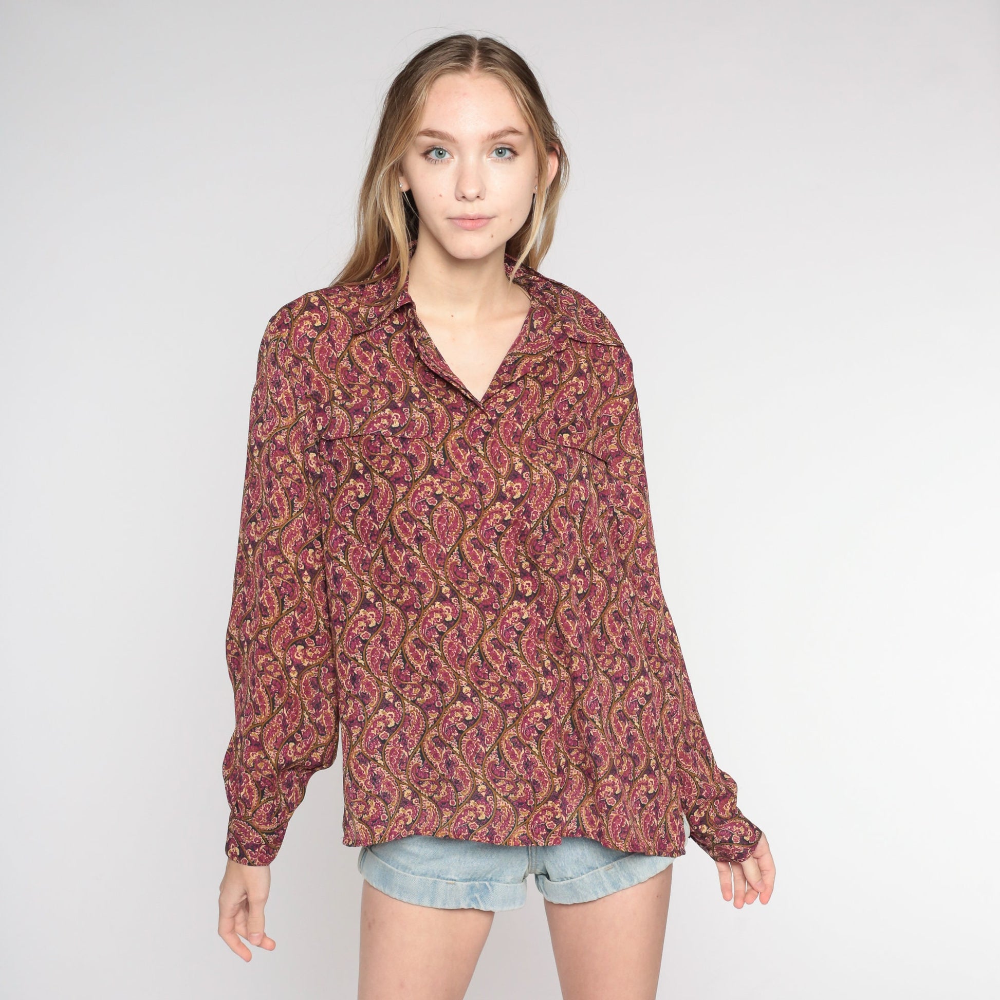 90s Paisley Button-Up Blouse Long Sleeve Purple Pink Tan Medium