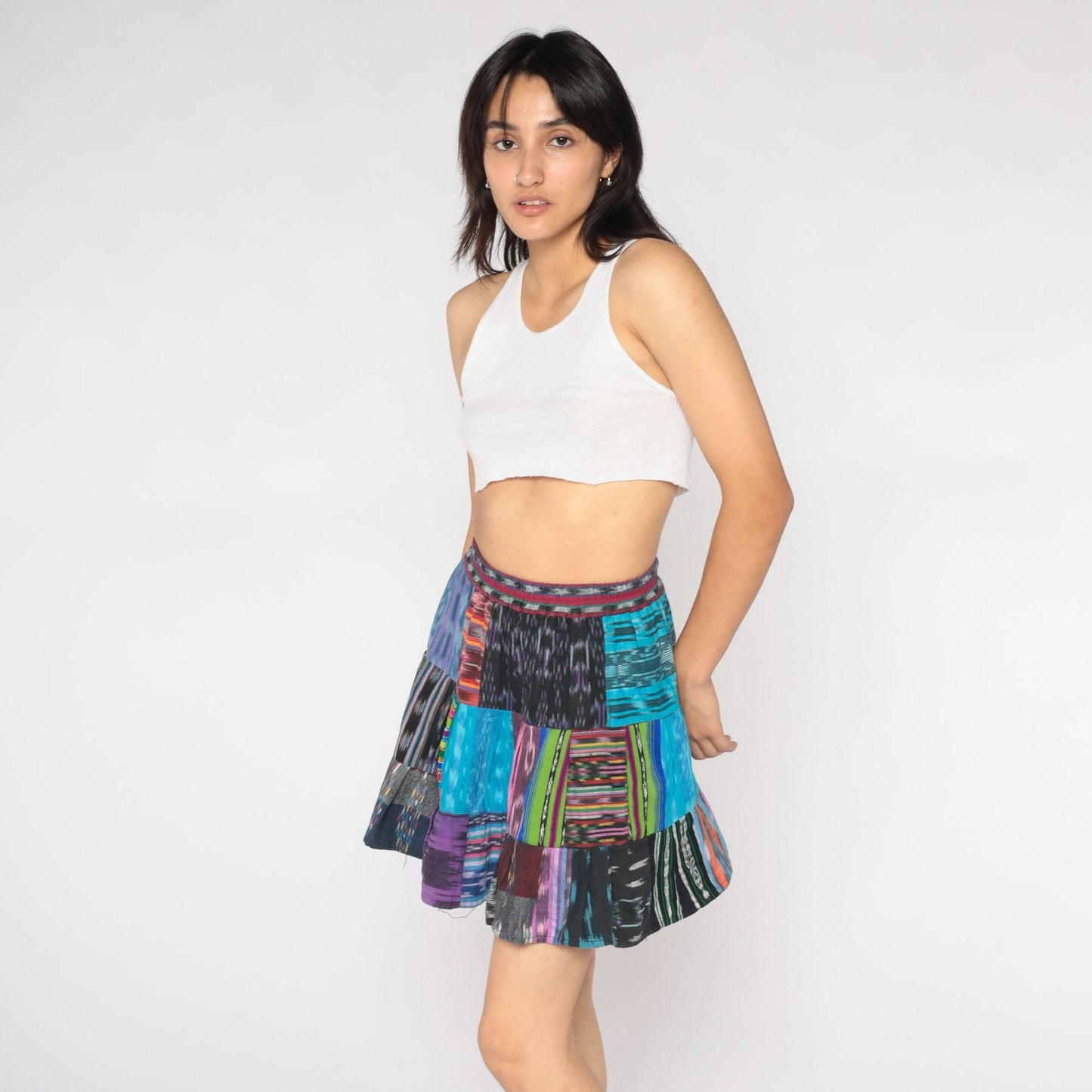 Y2K Patchwork Mini Skirt High Waist Tiered Cotton Extra Small