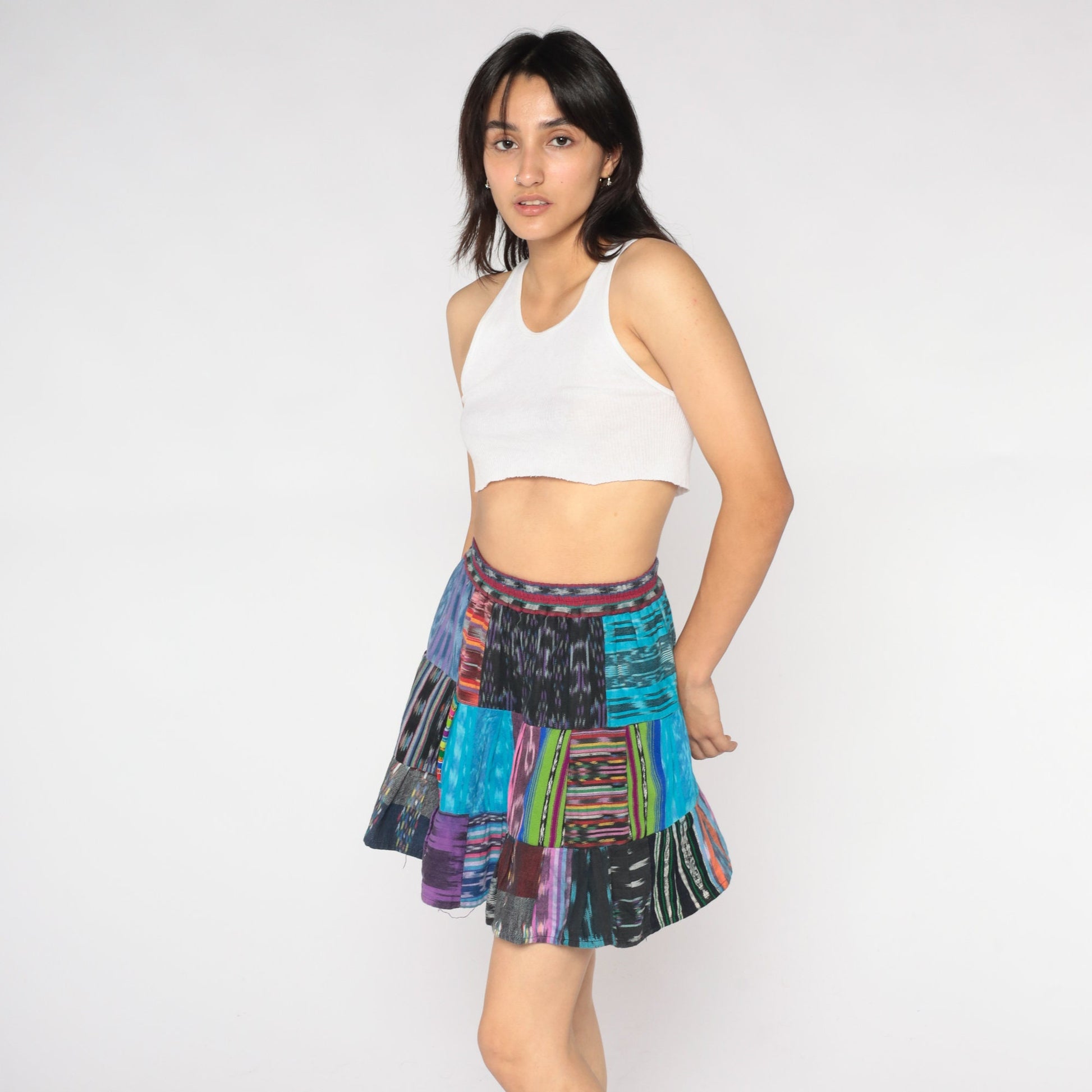 Y2K Patchwork Mini Skirt High Waist Tiered Cotton Extra Small