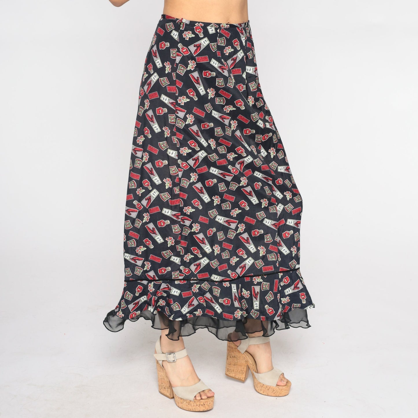 00s Wild Horse Maxi Skirt Black High Waist Ruffled Hem Small