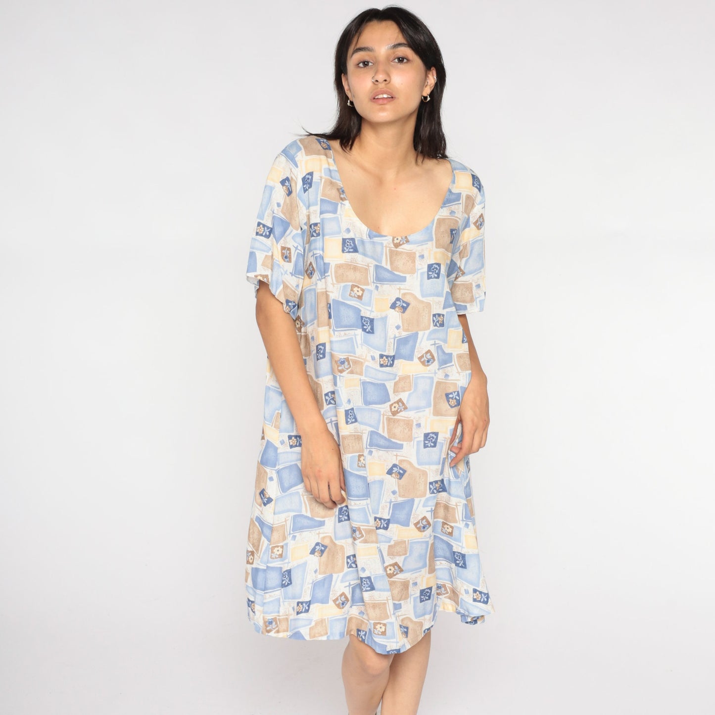 90s Checkered Floral Mini Dress Blue Tan Shift Short Sleeve Extra Large XXL