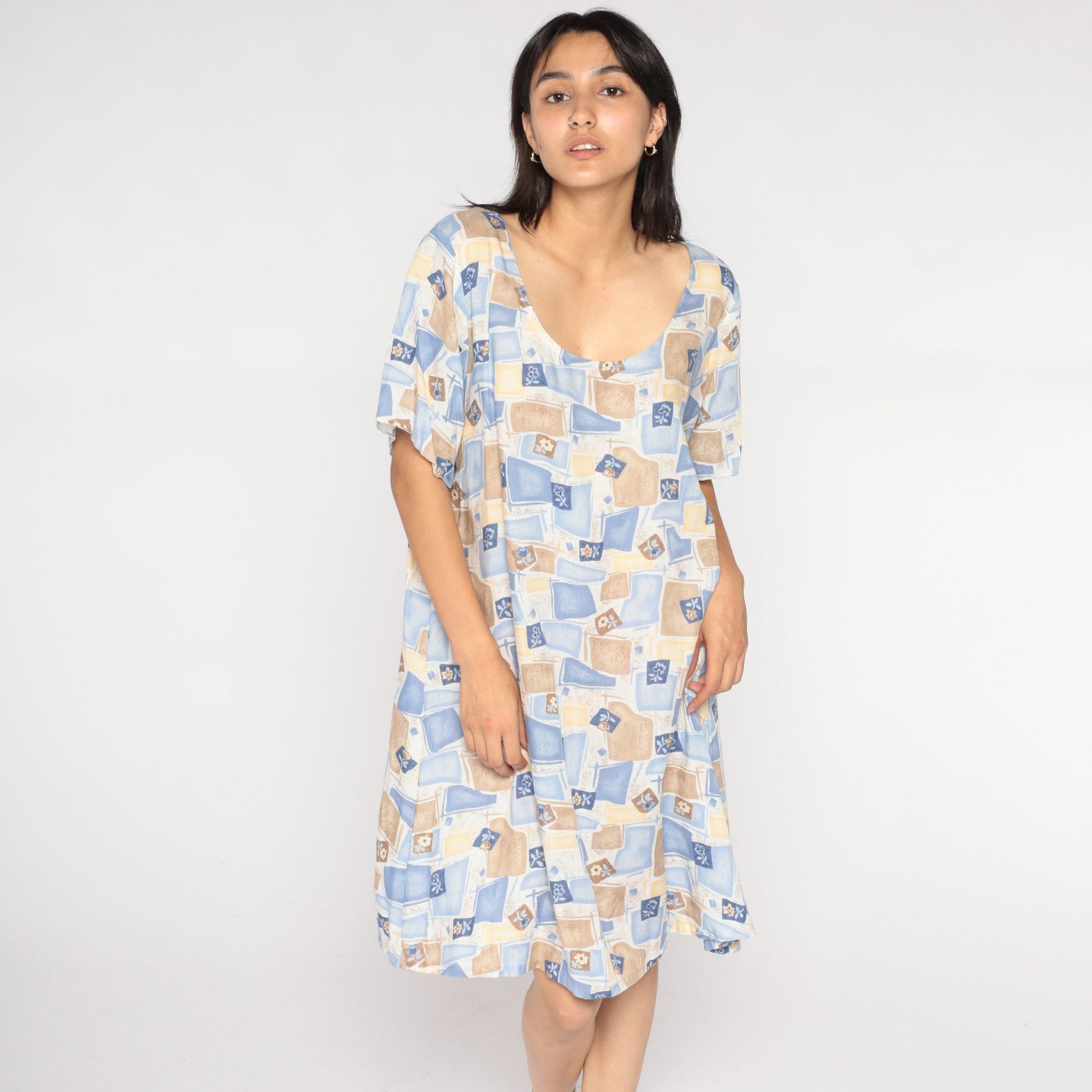 90s Checkered Floral Mini Dress Blue Tan Shift Short Sleeve Extra Large XXL