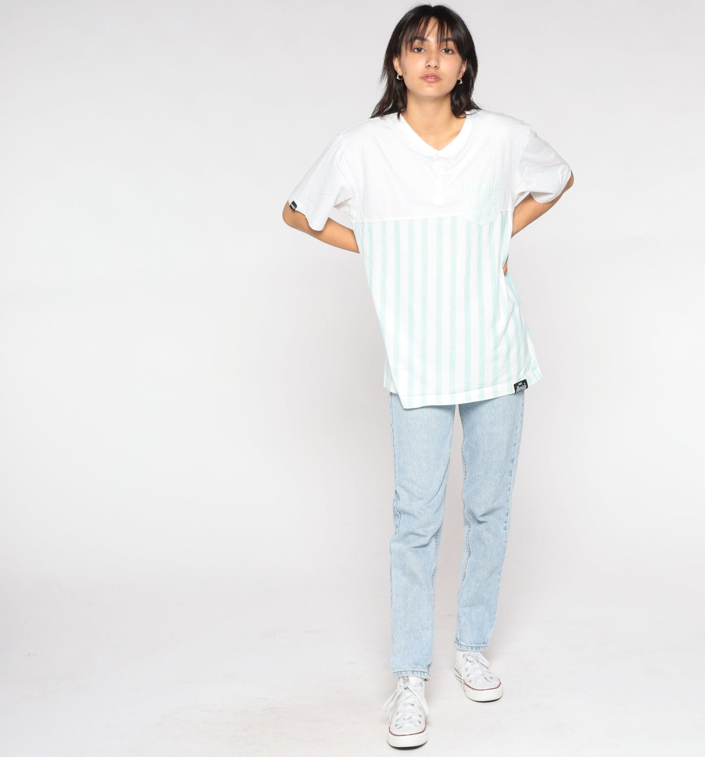 90s Striped Henley Shirt White Mint Green Short Sleeve Button Pocket Tee Large