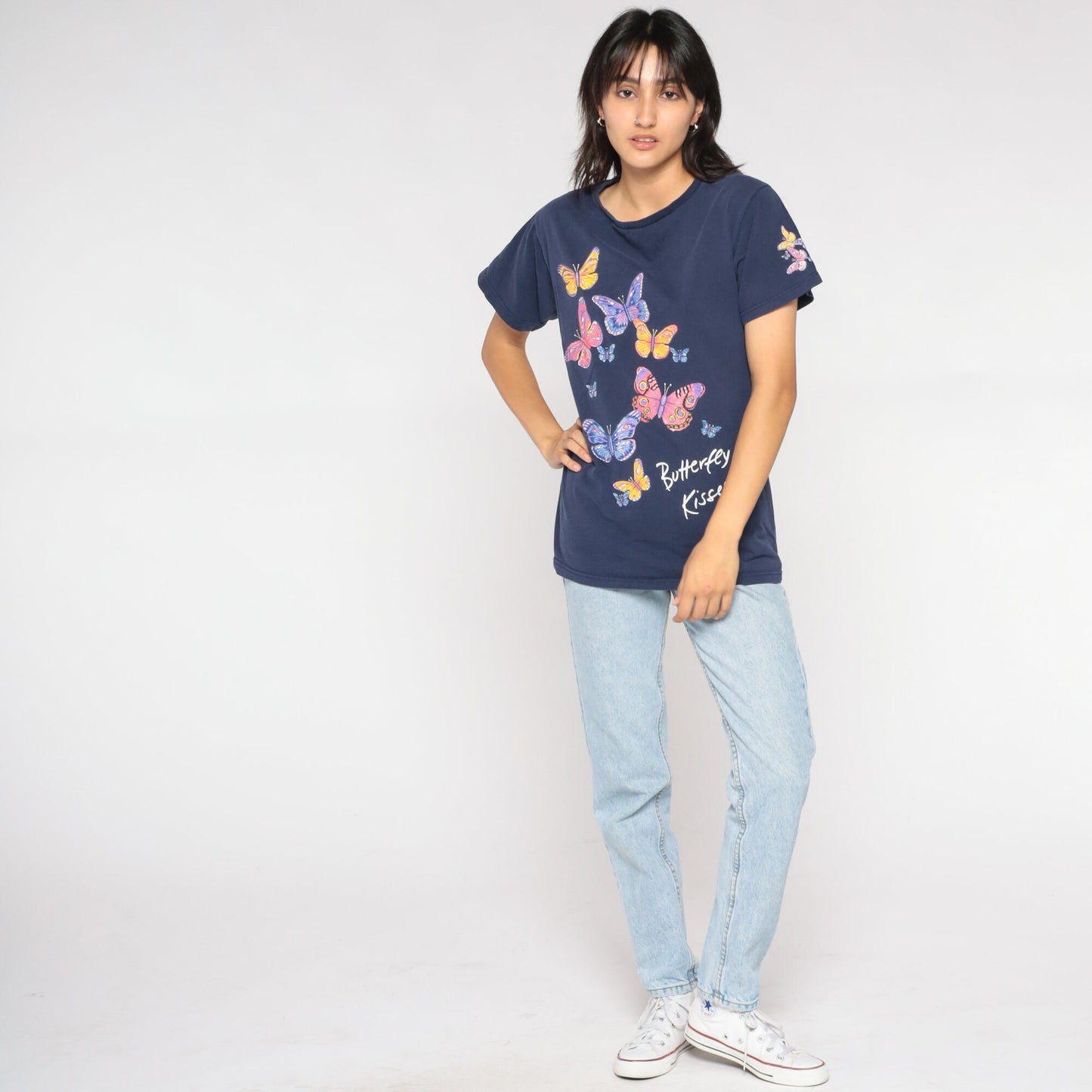 90s Butterfly Kisses Graphic T-Shirt Blue Nature Print Small S