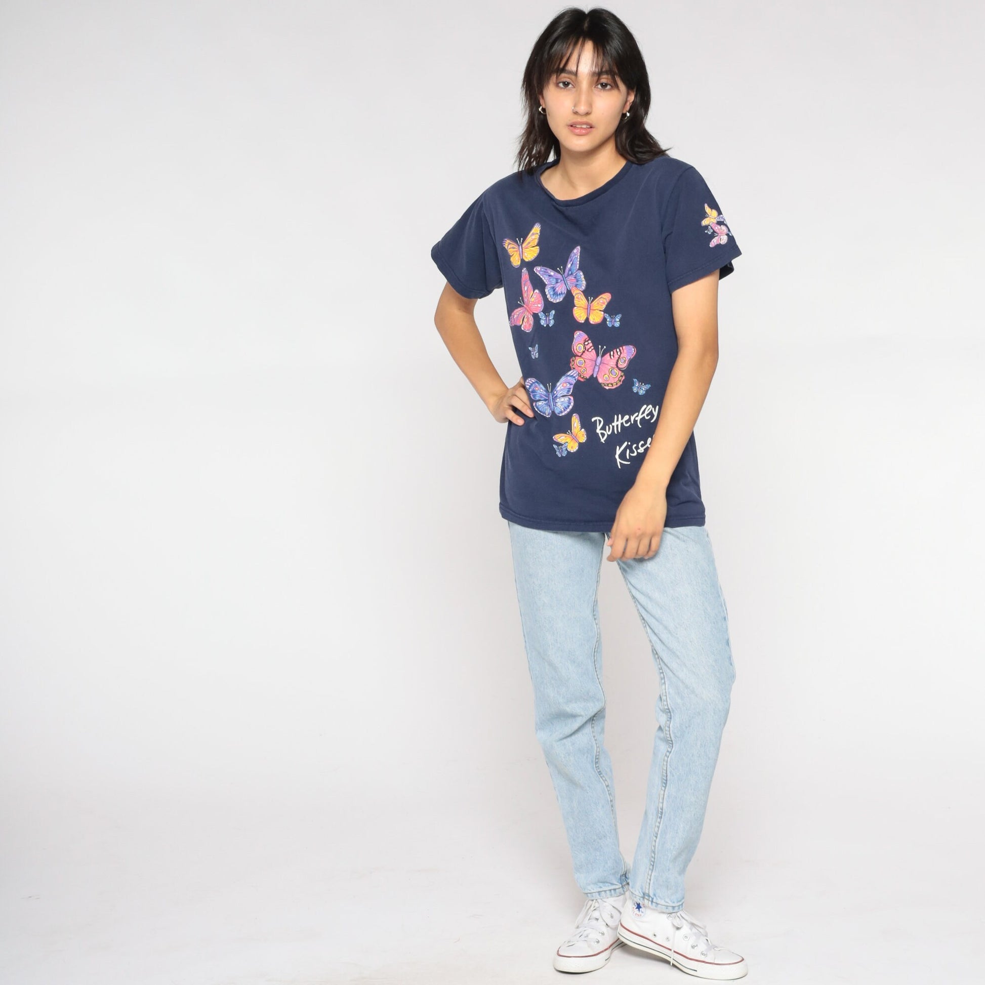 90s Butterfly Kisses Graphic T-Shirt Blue Nature Print Small S