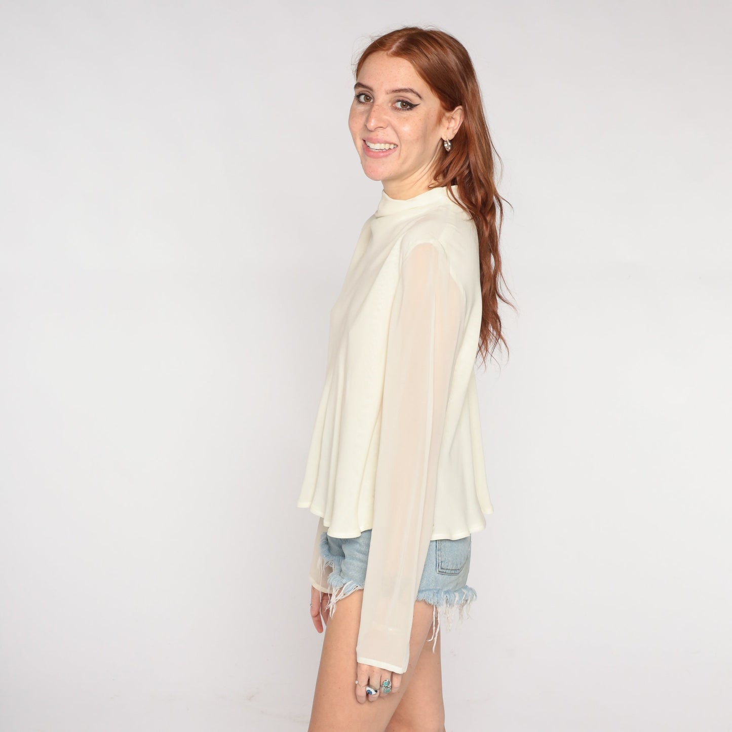90s Cream Chiffon Mock Neck Blouse Sheer Long Sleeve Party Top Medium