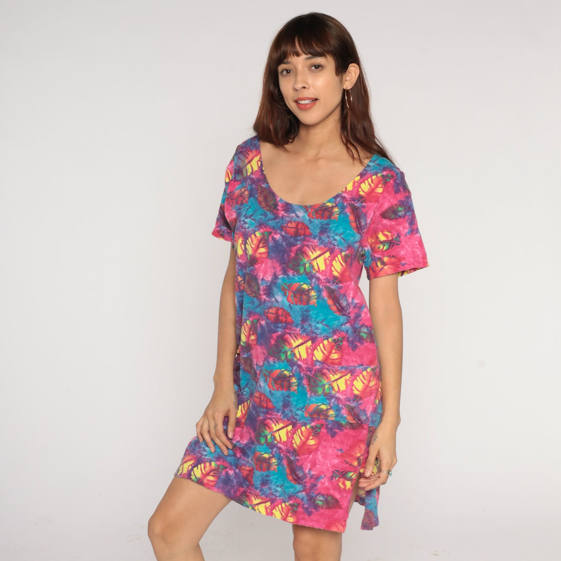 Y2K Tie Dye Leaf Print T-Shirt Dress Pink Blue Mini Short Sleeve Medium M