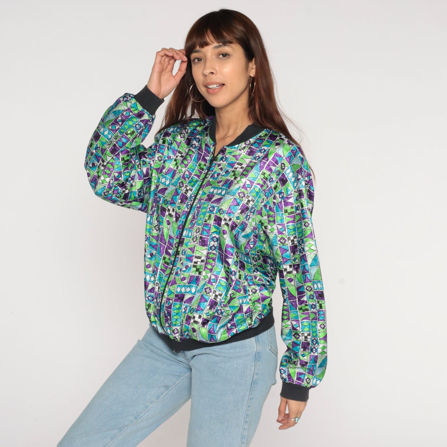 90s Geometric Bomber Jacket Blue Green Purple Zip Windbreaker Men's Medium